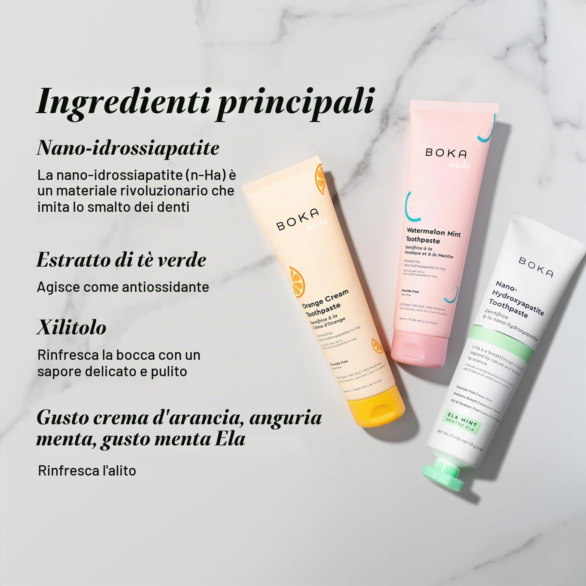 Boka Dentifricio nano idrossiapatite senza fluoro, aiuta a rimineralizzare, adatto per denti sensibili, sbiancamento - per adulti, bambini igiene orale - menta Ela, crema all'arancia, sapore di menta