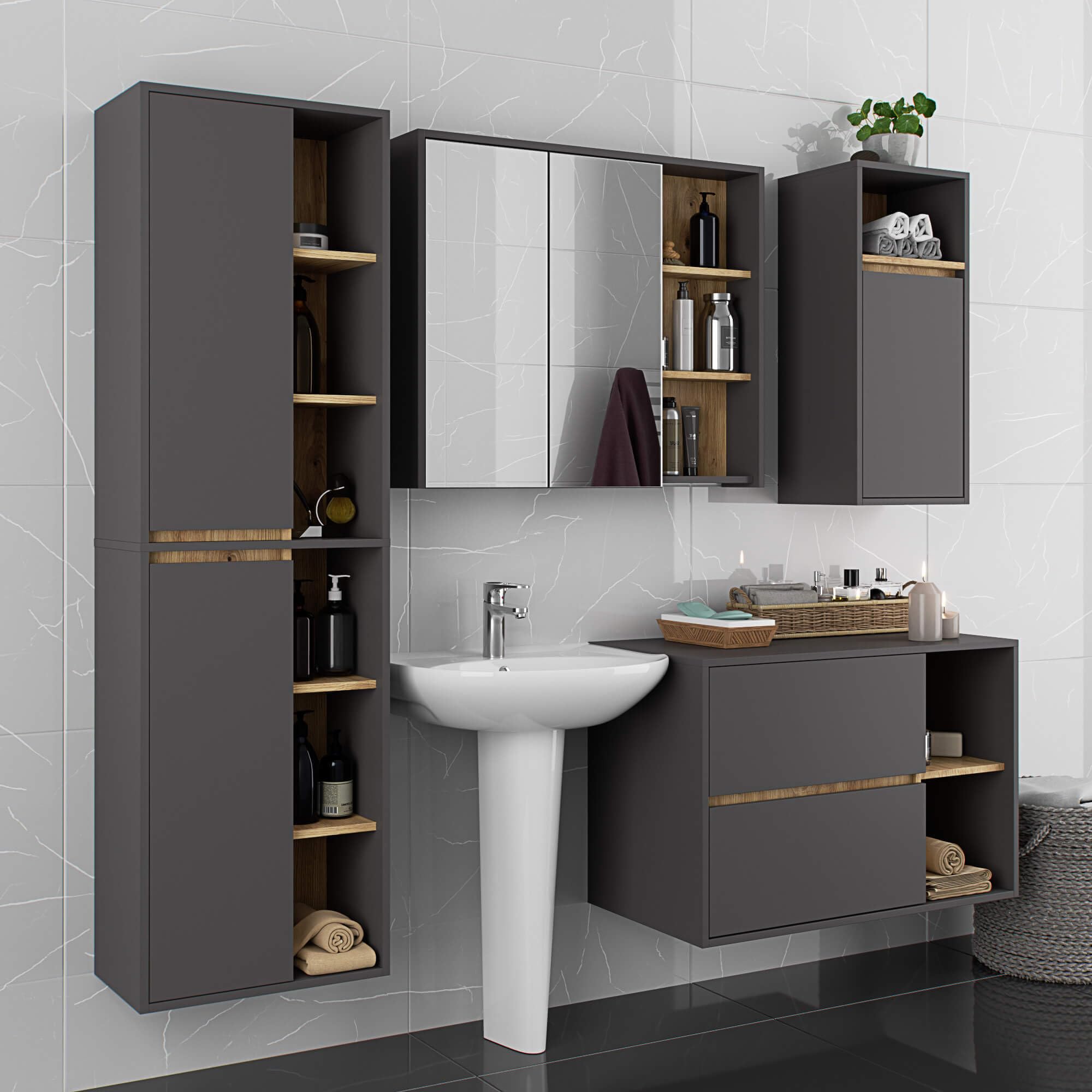 AKORD Mobile Bagno Sospeso con Lavabo - Mobile Lavabo Bagno 90 cm, 2 Cassetti - Moderno, Versatile - Per Montaggio a Parete - Vani Aperti - 90x60x45,5 cm - Grigio Grafite & Rovere Artisan
