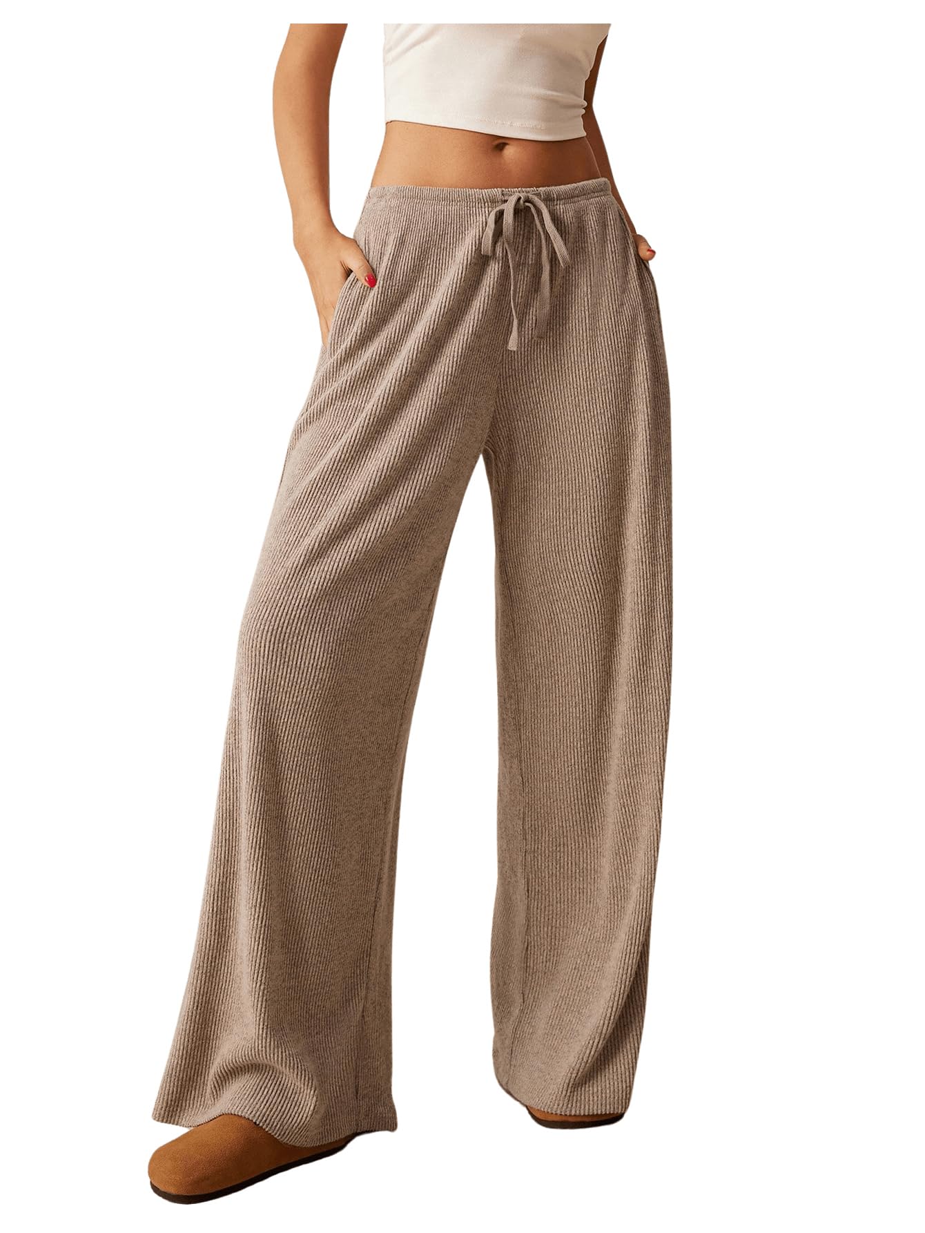 Womens Low Rise Wide Leg Pants Ribbed Knit Drawstring Waist Casual Lounge Trousers with Pockets