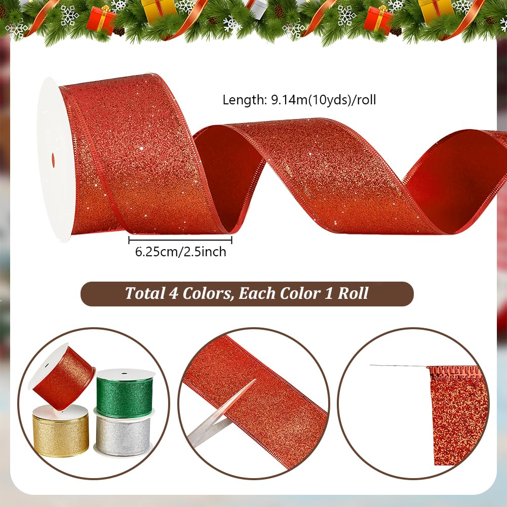 PH PandaHall 36.6m Nastro Natale 4 Colori Nastro con Glitter, 63mm Nastri Argento Oro Verde Rosso per Ghirlande di Natale e Confezione Regali, 9.14m/Colori