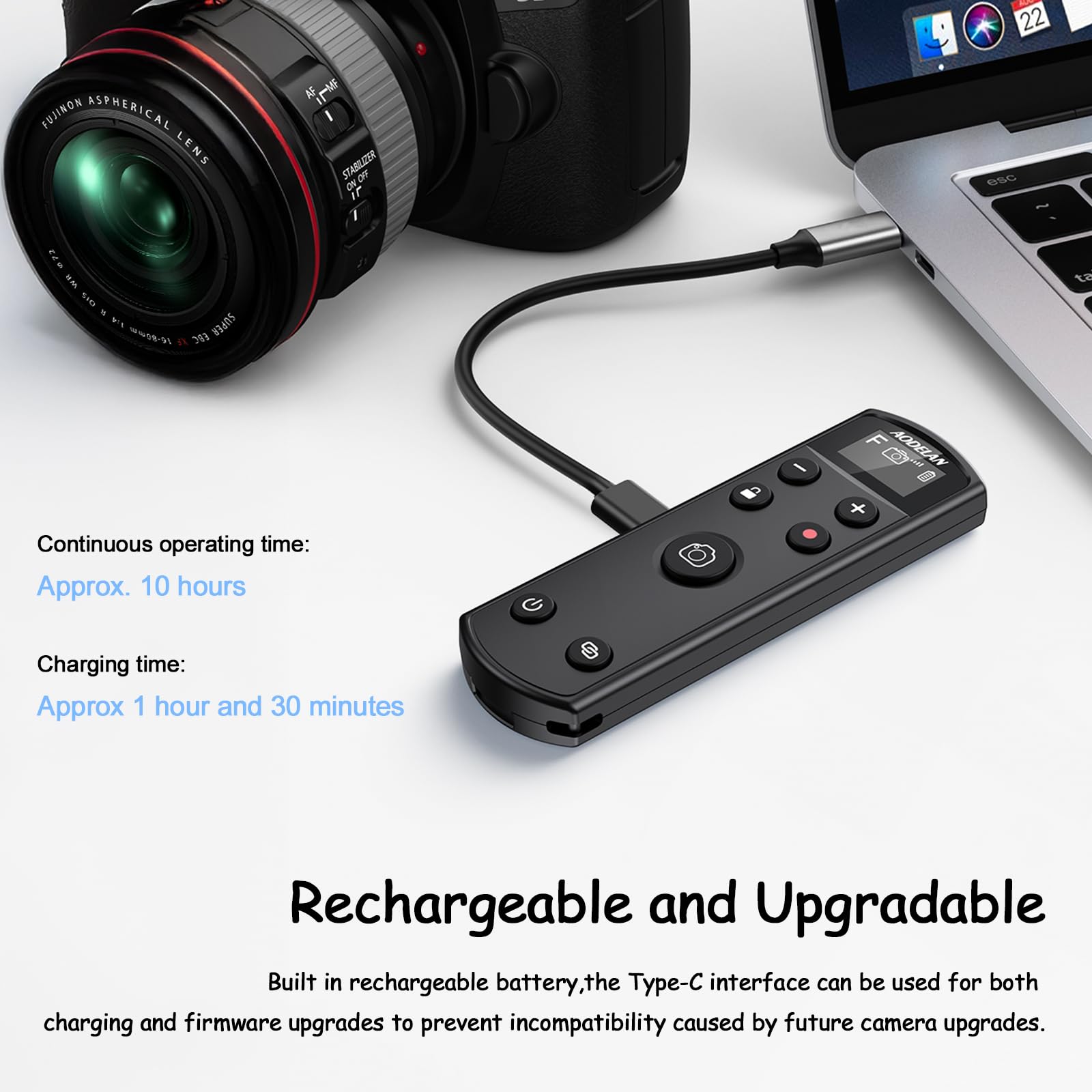 para Cámara Fujifilm Liberación de Obturador Recargable, AODELAN Control Remoto Inalámbrico Compatible con Fuji X-T30 II, X-S10, X-H2, X-H2S, X-T3, X-T4, X-T5, X-S20, X-T30, X-T50, X-M5, X100VI, X-E5