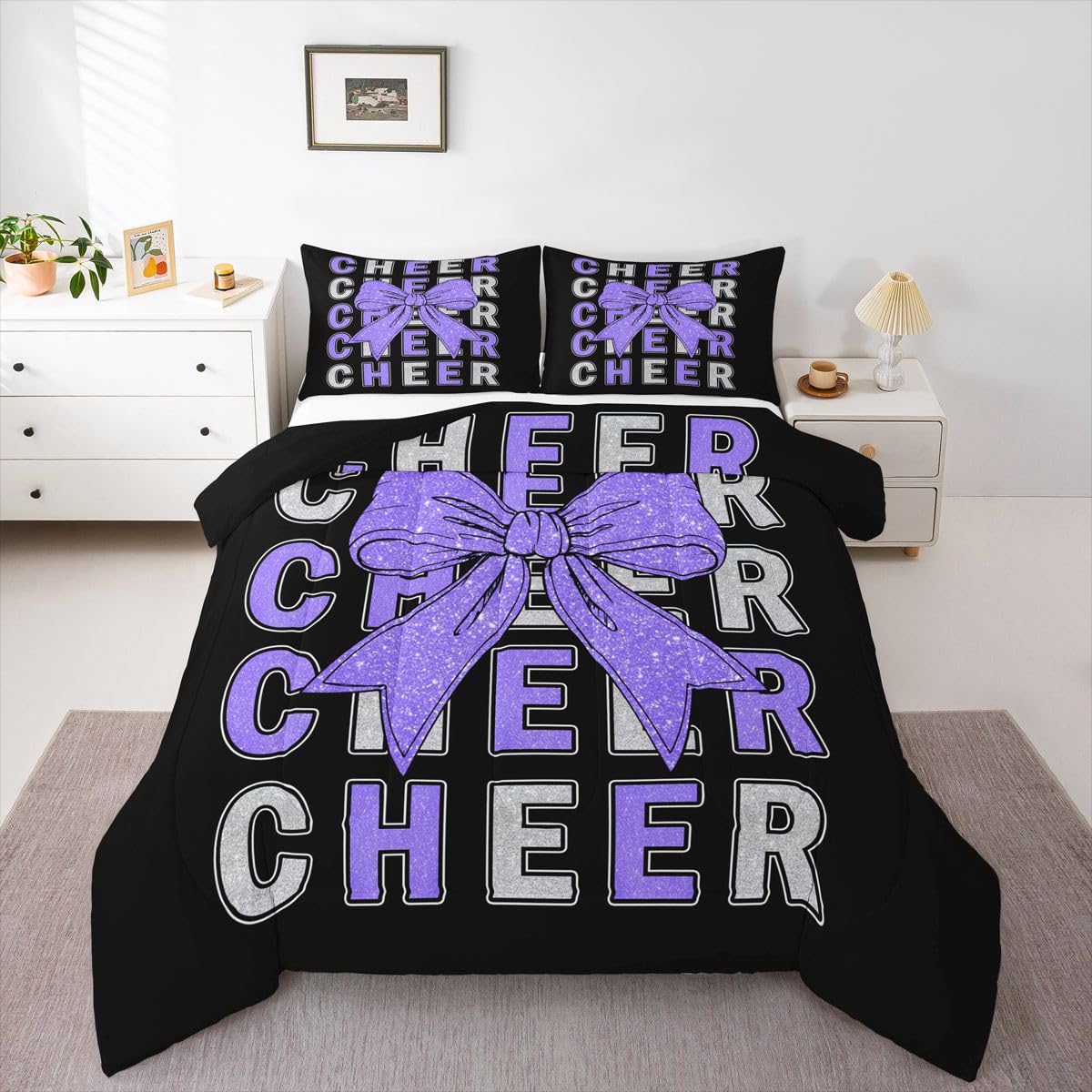 Feelyou Cheer Kids Comforter Set Full Size Purplw Bowknot Bedding Set Sport Cheerleader Duvet Quilt for Kids Boys Girls Bedroom Cheerleading Decor Microfiber Ultra Soft Breathable