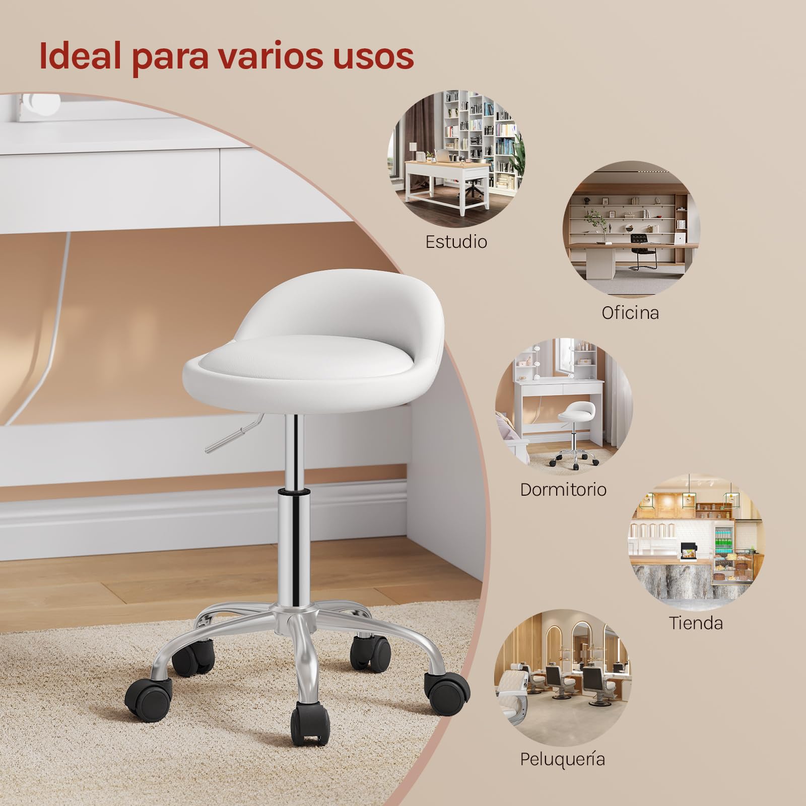 WOLTU Silla de Tocador, Taburete Giratorio con Respaldo Bajo, Altura Regulable (43-54,5 cm), Funda de Cuero Sintético, Estructura Metálica, Blanco