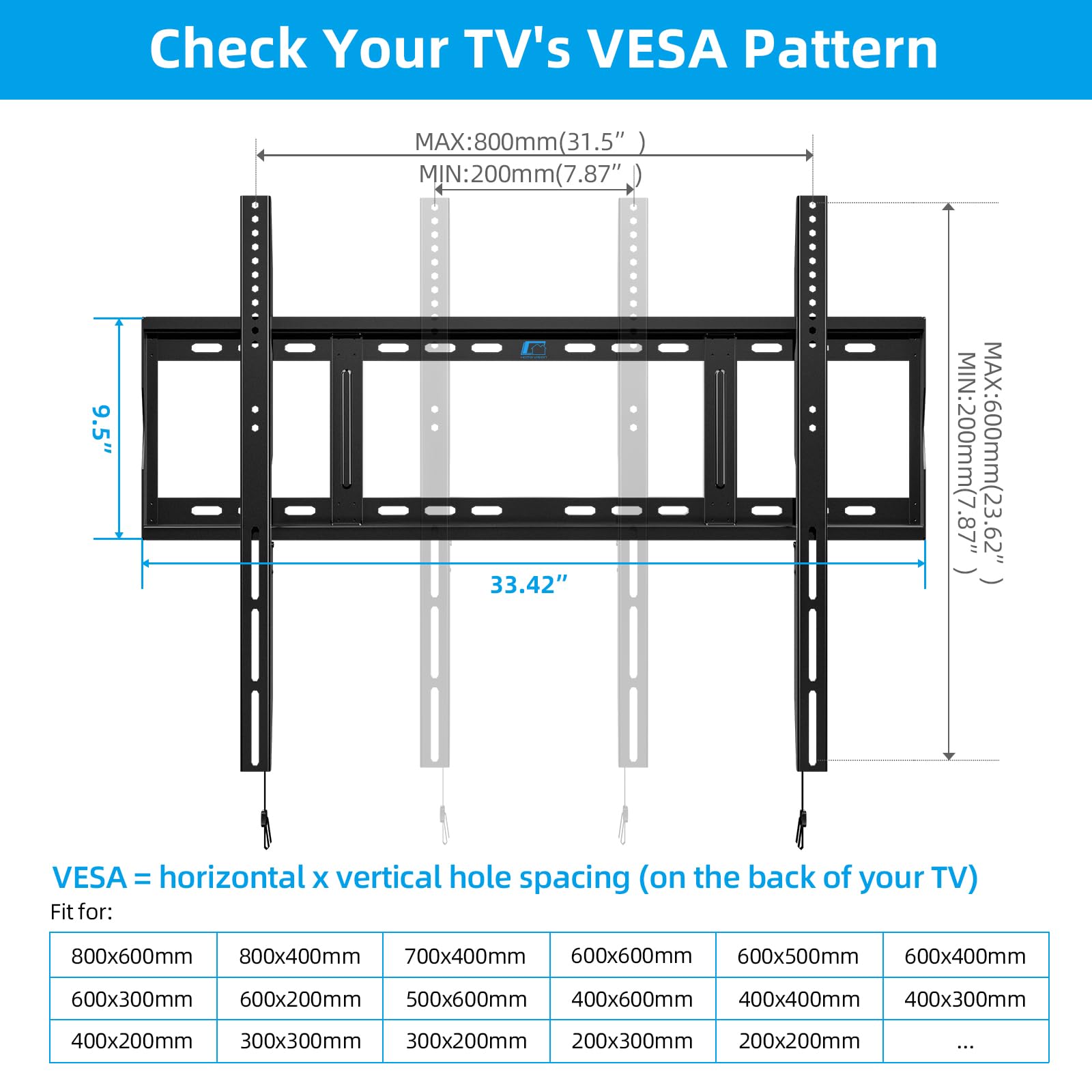 HOME VISION - Supporto fisso da parete per TV, fino a 120 kg, per televisori piatti e curvi da 42”-100”, staffa di montaggio a parete per TV da 16"/18"/24" VESA 800 x 600 mm, salvaspazio