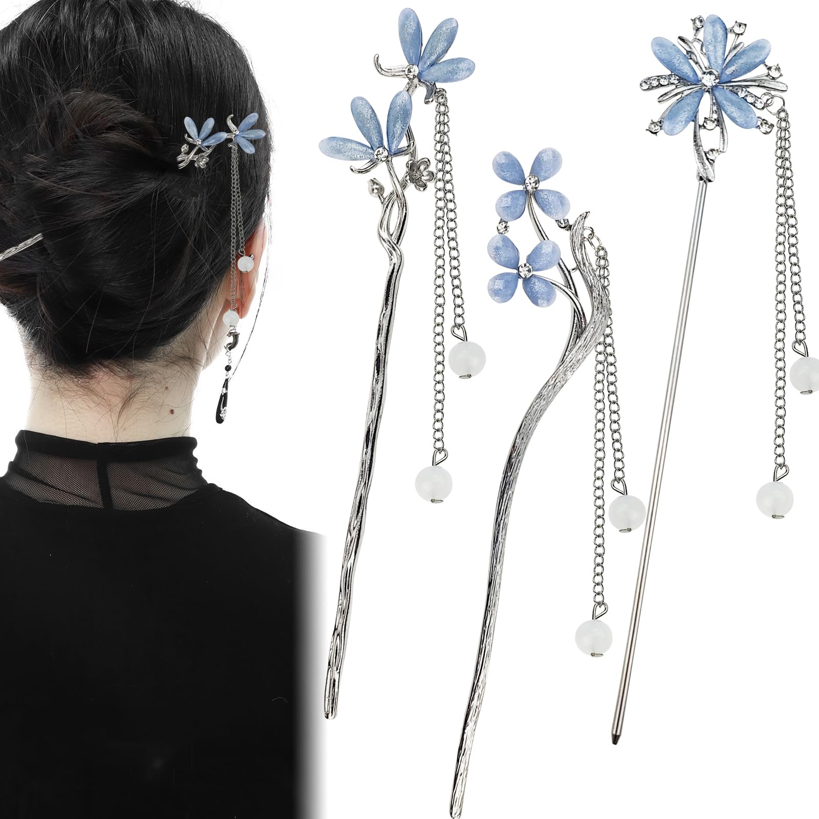 Photo 1 of 3PCS Hair Sticks for Buns Long Hair Chinese Hanfu Asian Vintage Hair Chopsticks Metal Silver