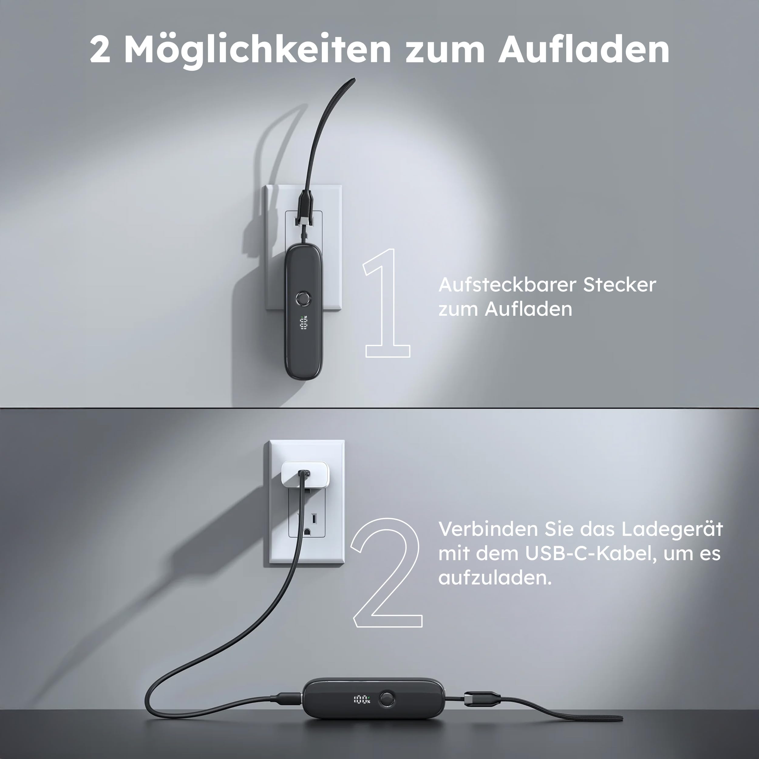 Alkaya Banque d'alimentation 2 en 1 5000 mAh avec prise murale UE pliable, charge super rapide USB-C 22 W, indicateur de pourcentage LED, seulement 157 g, batterie externe portable pour bureau, voyage
