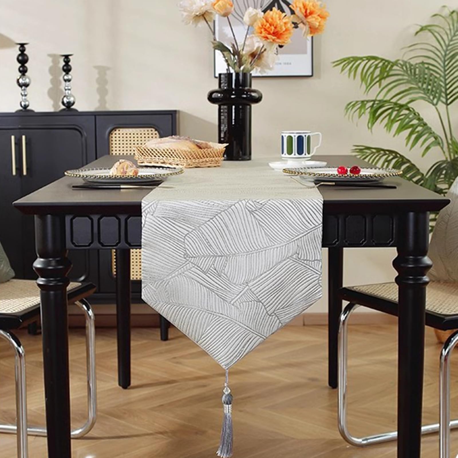 jasnoszary, bieżnik na stół z poliestru, makrama, styl boho, zmywalny, motyw tkanych liści z frędzlami, obrus do kuchni, jadalni, 33 x 220 cm, jasnoszary