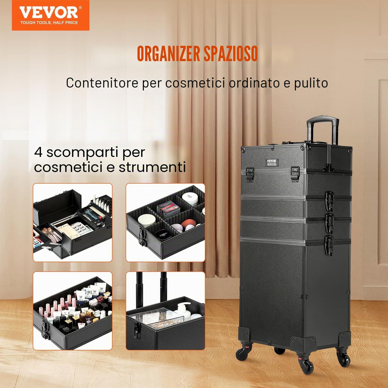 VEVOR Valigetta per Trucco con Ruote 5 in 1, Valigia Portatile da Viaggio con Manico a Ruote per Estetista Parrucchiere, Scatola a Ruote per Trucco Professionale Telaio in Alluminio Impermeabile Nero