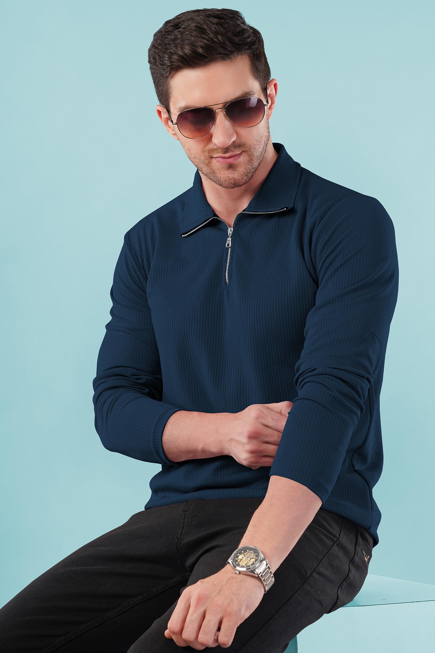 KAJARU Men's Quarter Zip Pullover T-Shirt, Cable Knit Pattern, Full Sleeve (in, Alpha, L, Airforce) - Image 8 thumbnail