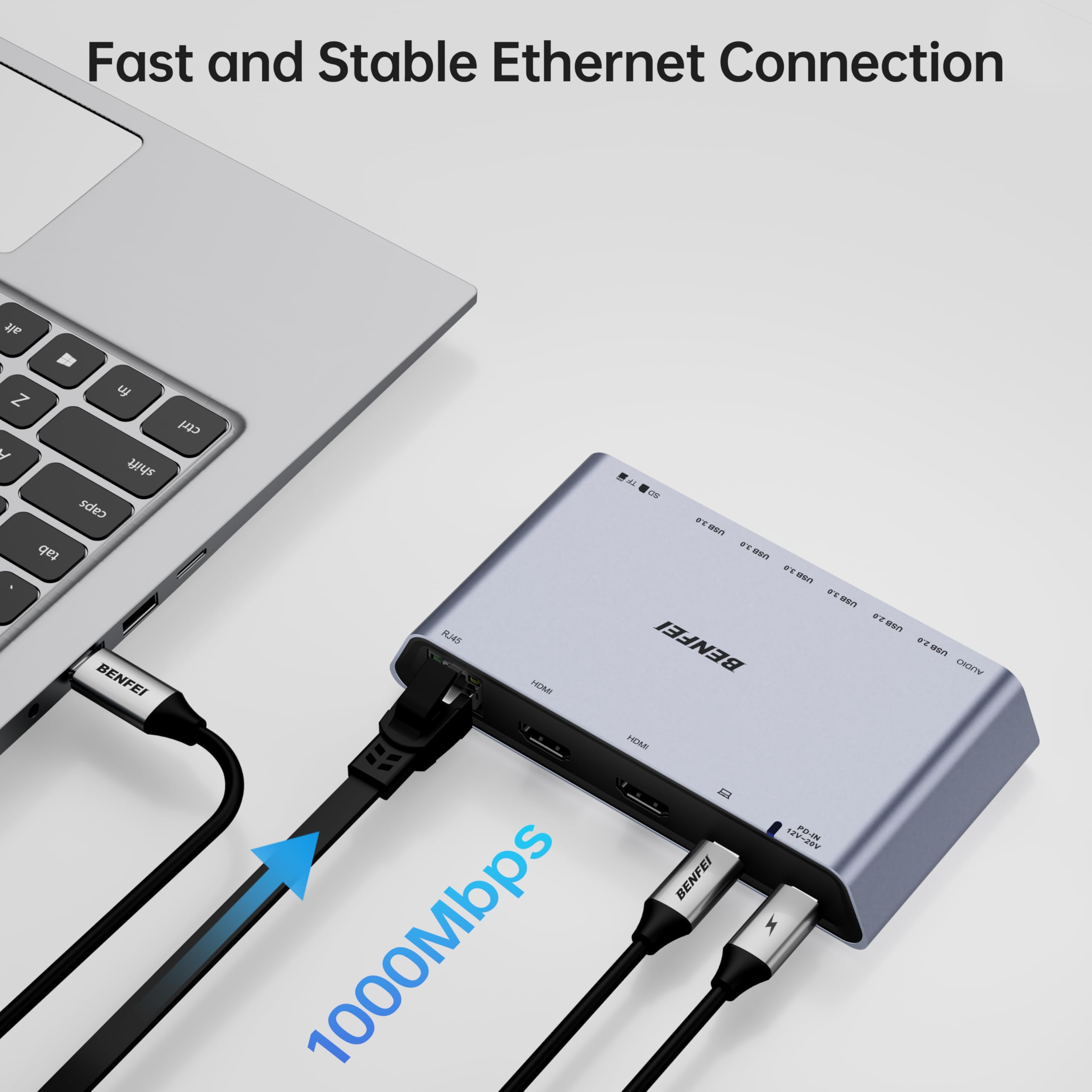 BENFEI DisplayLink - Docking station universale USB 3.0 12 in 1 con doppio display HDMI, 6 porte USB, lettore di schede SD/TF, rete Gigabit Ethernet, jack per cuffie femmina da 3,5 mm, compatibile con