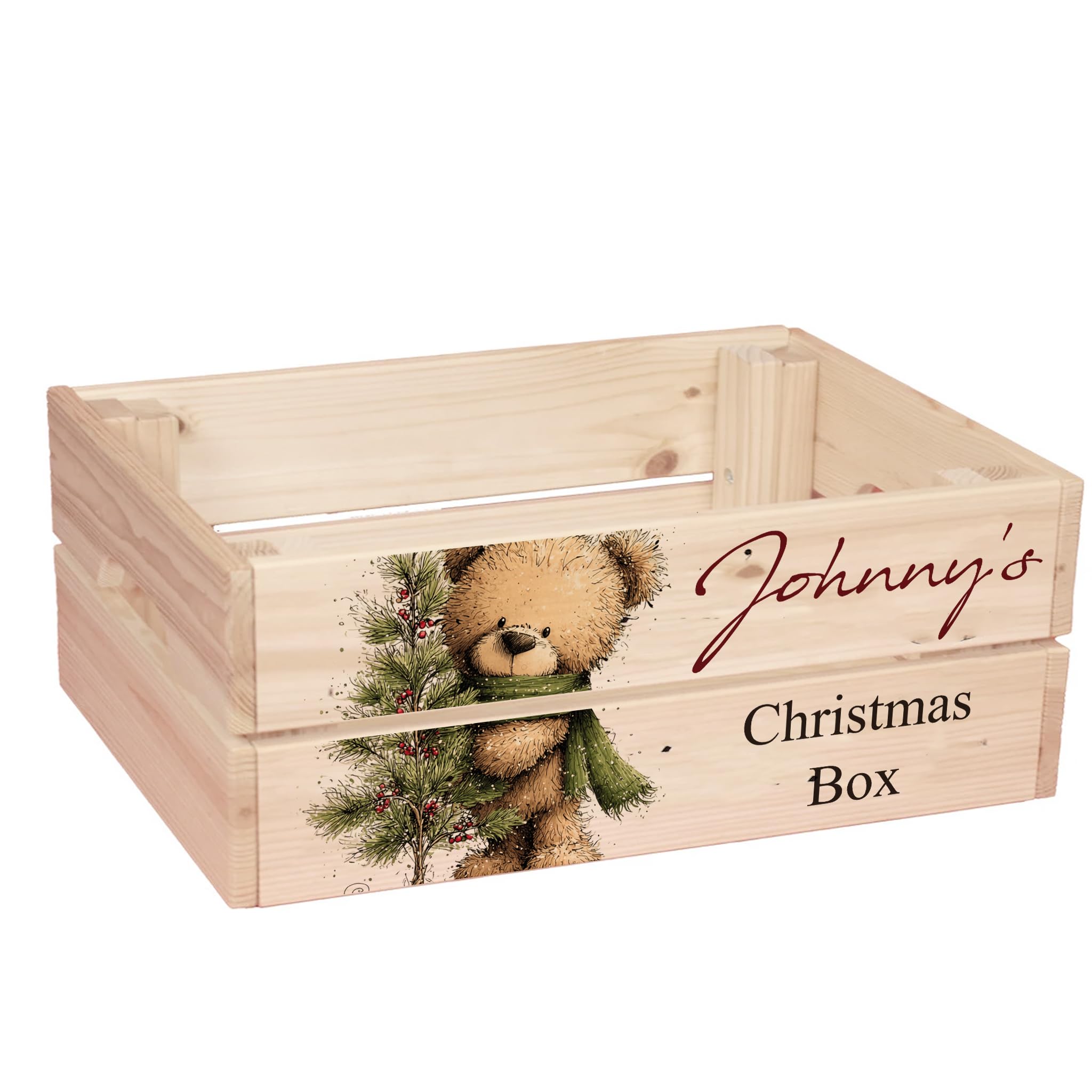 ukgiftstoreonline Personalised Christmas Eve Box with Santa, Trees, Reindeer, Snowman Designs, Wooden Storage Crate, 30.5 x 25 x 12 cm, Holiday Presentation Box with Side Handles (Teddy-2) — image 1