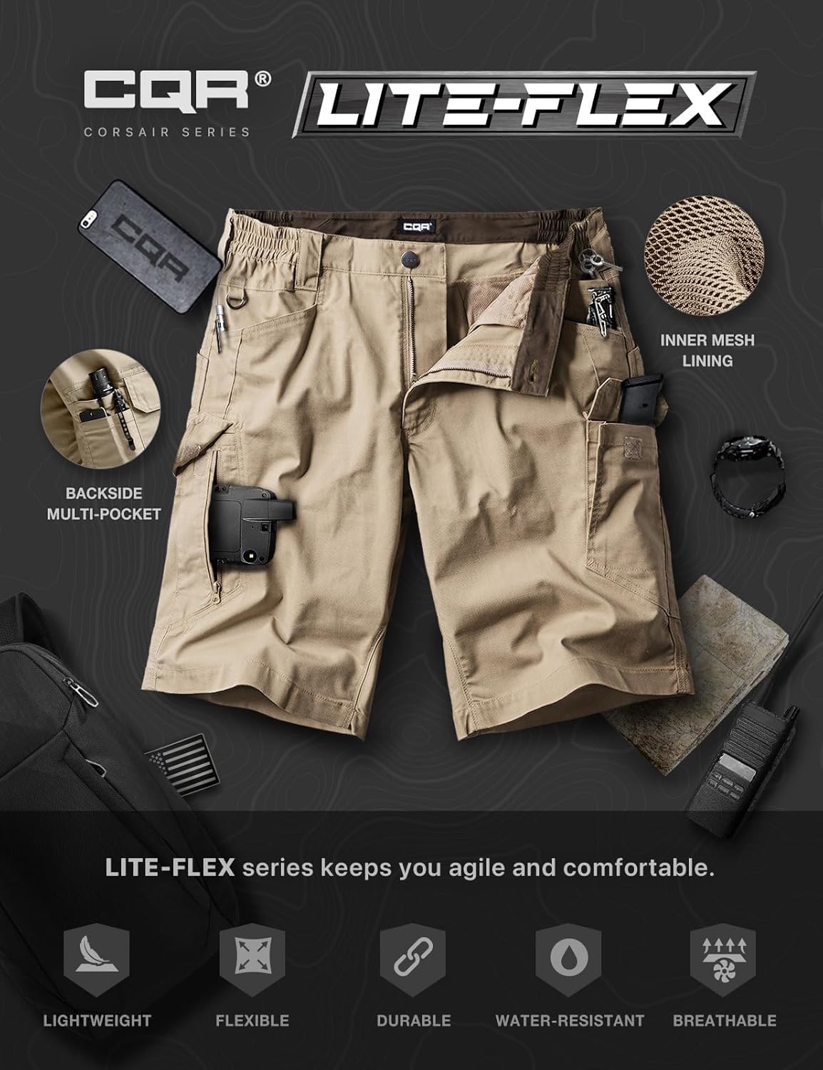 CQR Men's Flex Casual Cargo Shorts, Lightweight Water Resistant Golf Shorts, Stretch Tactical Work Shorts with Multi-Pocket - Image 7