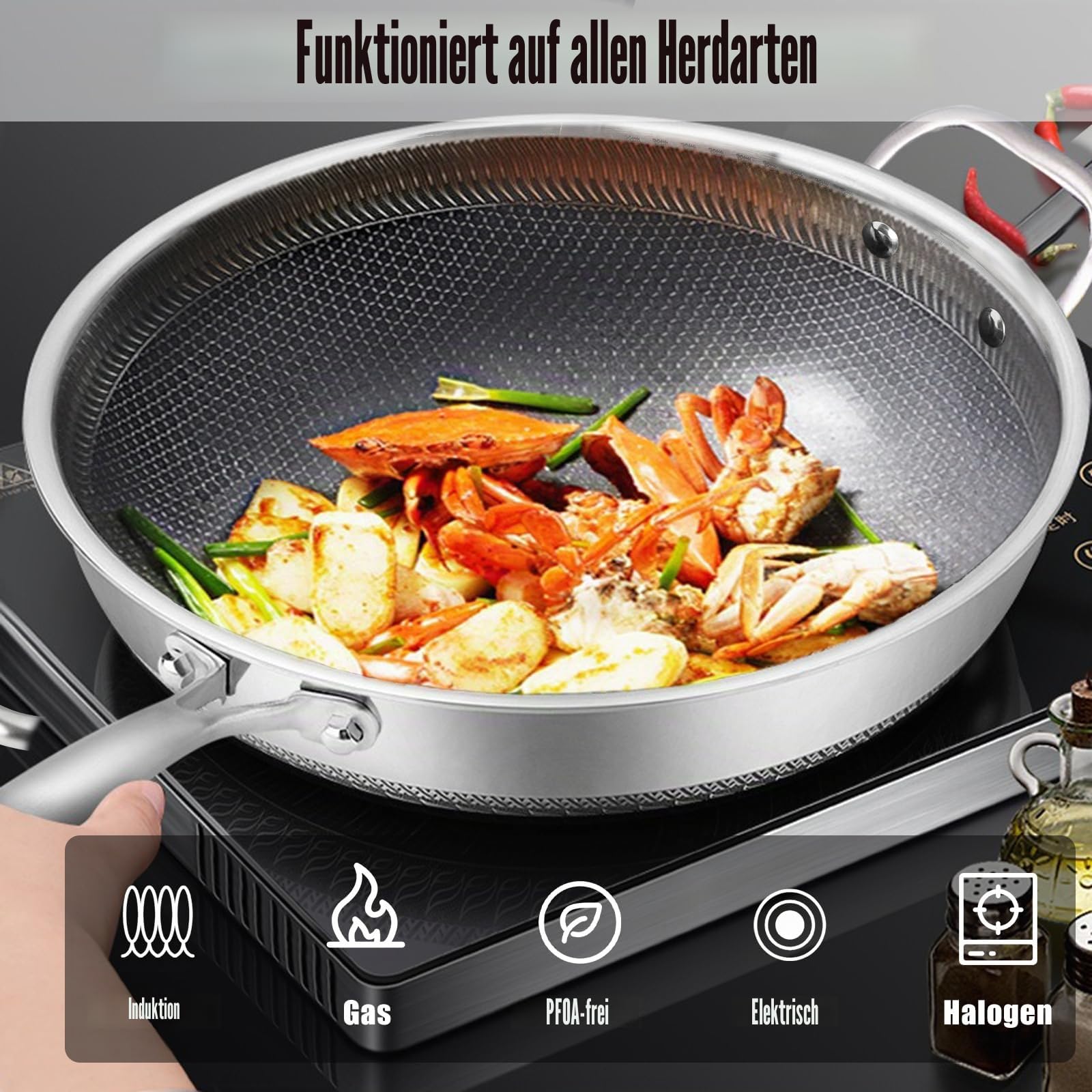 Wokpfanne mit Glasdeckel Spachtel Bratpfanne 32cm Edelstahl Pfanne Für Alle Kochplatten Wokpfanne Induktion Wok Wabenstruktur mit Antihaftbeschichtung Spülmaschinengeeignet Non Stick Pan Küchenprodukt