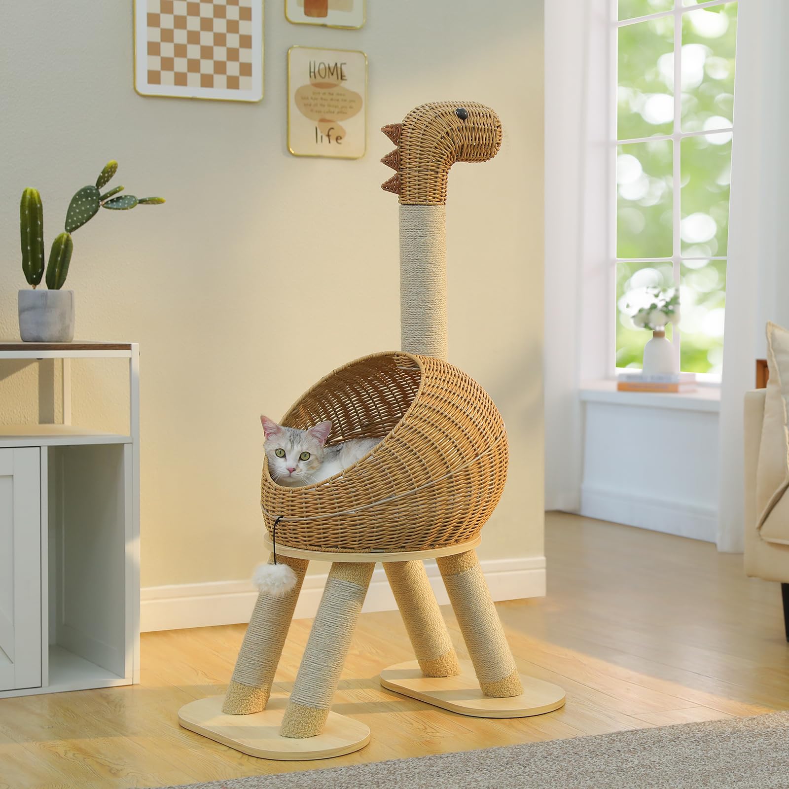 PETEPELA Kratzbaum Katzenbett in Dinosaurierform mit 5 Sisal-Kratzsäulen 115cm, 400 mm halboffenes Weidennest, komfortable Katzenhöhle