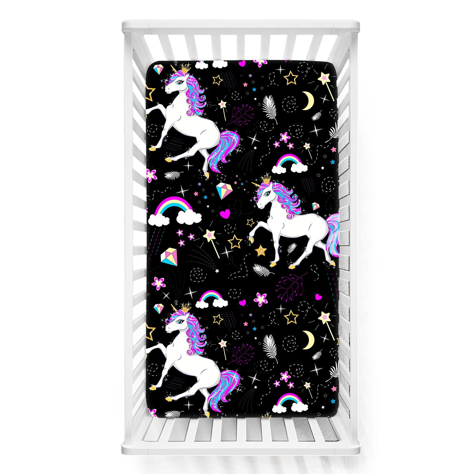 Odot Cot Bed Sheets, Cartoon Horse Print Bedside Cribs Fitted Sheets, Baby Bed Sheets Microfiber Cot Bed Mattress Protector, Bassinet Sheets, Easy Care Soft and Dureable (Black,60x120 cm)