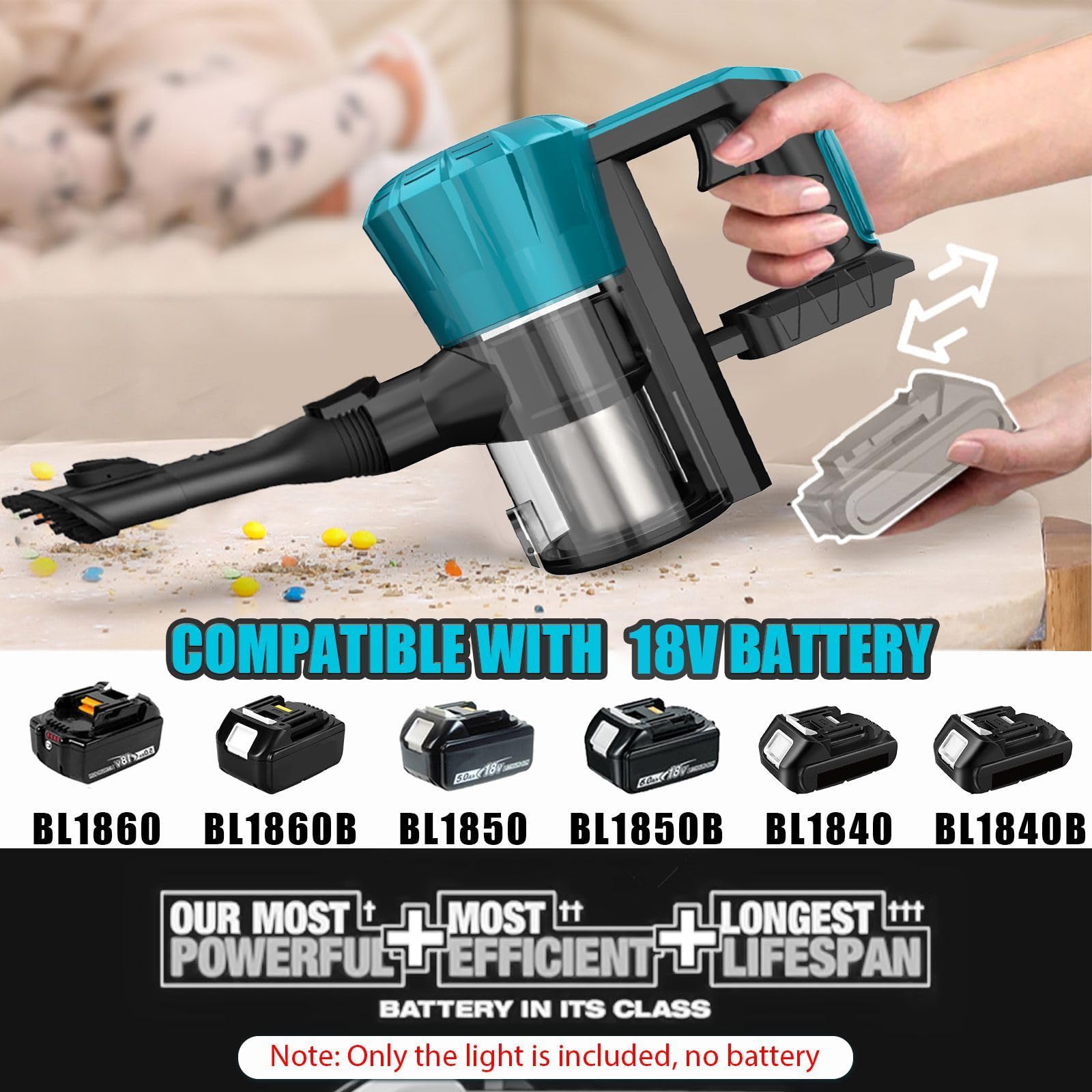 Aspiradora con batería con 2 baterías de 5500 mAh, 3 en 1 inalámbrico, aspiradora de mano de 15000 Pa para pelo de animales, alfombras y duro