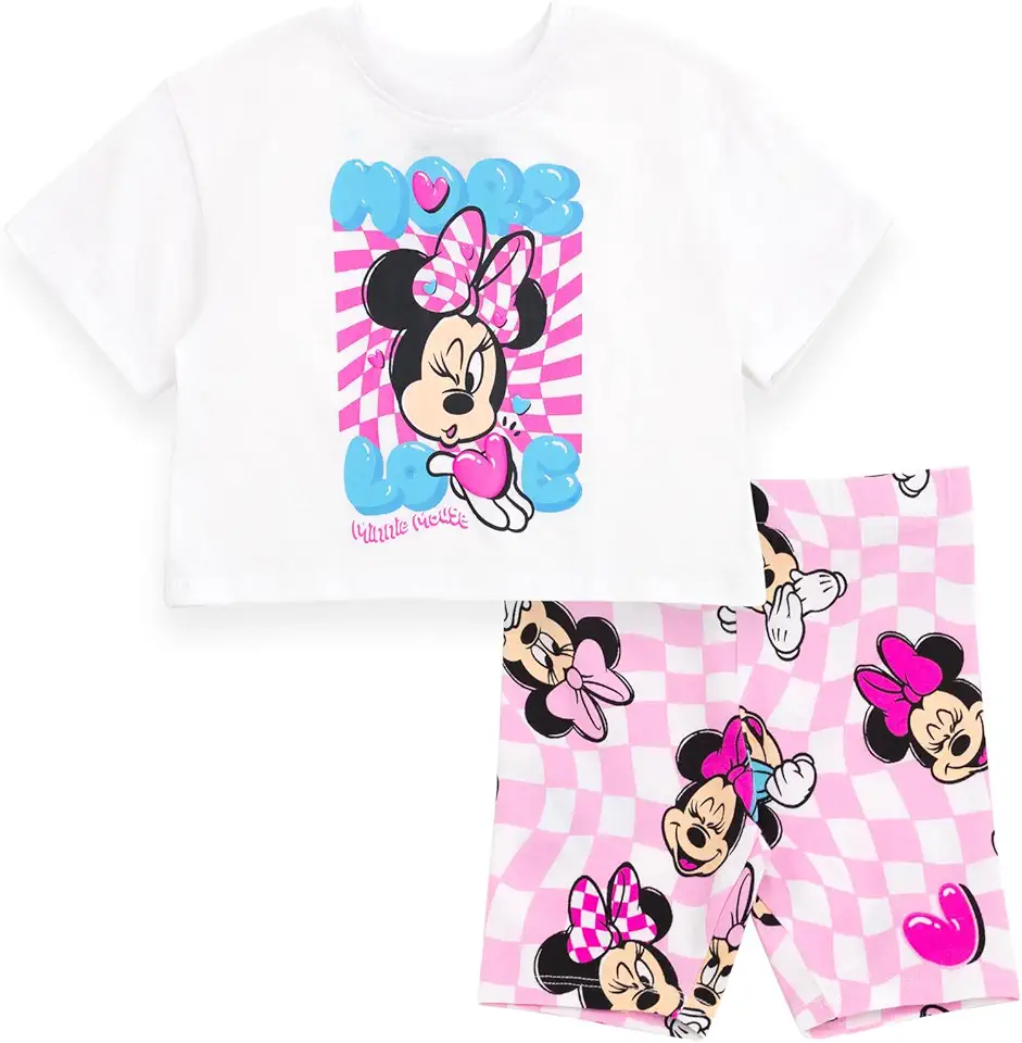 Disney Junior Girls Cropped Boxy T-Shirt and Bike Shorts Outfit Set Toddler to Big Kid Sizes (2T - 14-16)