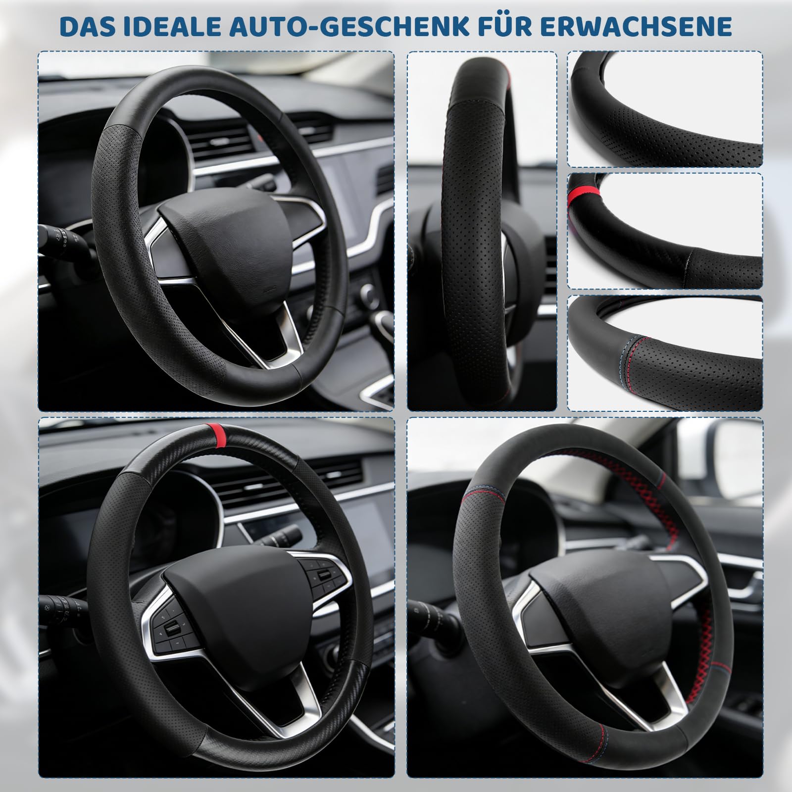 Auto Lenkradbezug 37-38 cm Universal Lenkradbezug Leder Steering Wheel Cover Kunstleder rutschfest Bequem für Sommer & Winter (Schwarz)