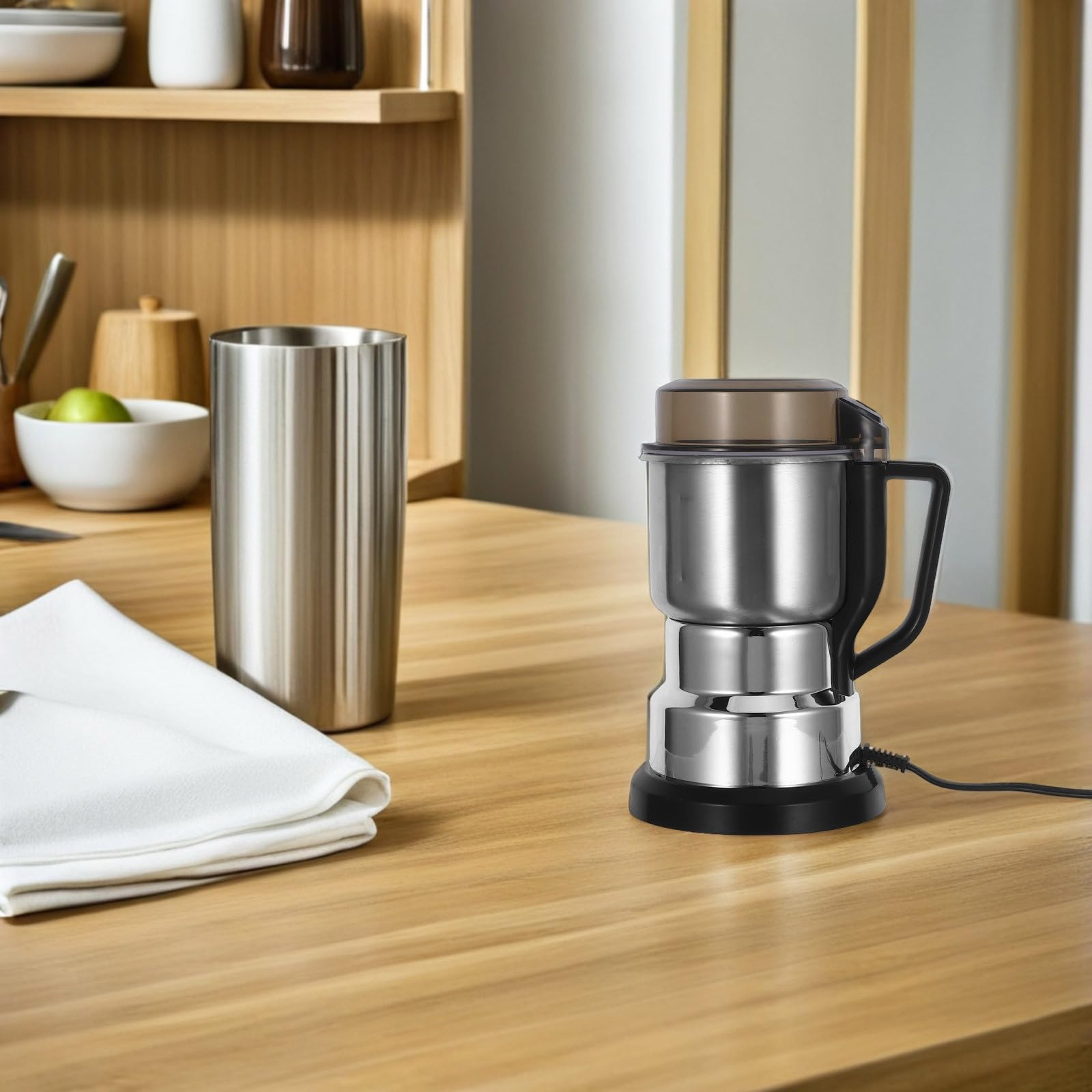 SOLUSTRE Molinillo Eléctrico de Cereales y Café con Motor, Capacidad 600g, Diseño Compacto de Acero Inoxidable para Cocinas Pequeñas y Apartamentos