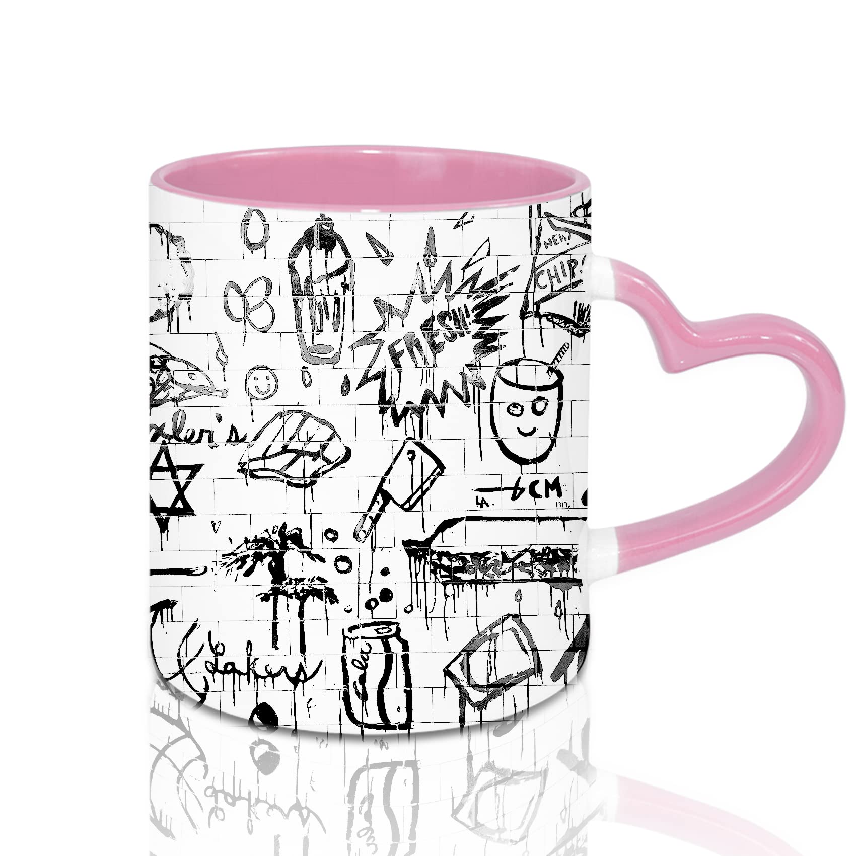 Sumex Juego de 12 tazas de café de cerámica en blanco de sublimación de 325 ml con mango de corazón para té, leche, latte, cacao caliente, interior rosa y asa
