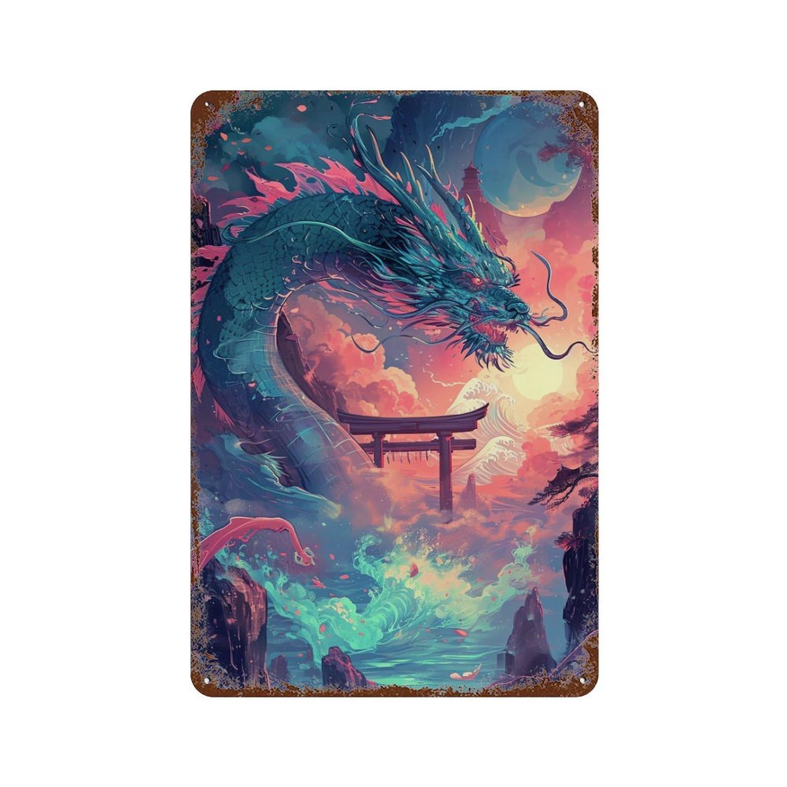 Garage Style Dragon Fantasy Landscape Weathered Tin Sign 11.8"x7.9", Old School Wall Decor for Bar And Workshop