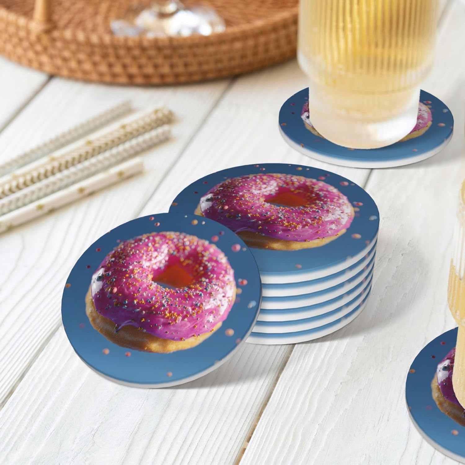 (Donut) Ceramic Coasters Set of 6 with Holder Non-Slip Round Coffee Coasters for for Cup Mug Drink Patio Coffee Table Decor, Christmas Coasters Home Bar Supplies