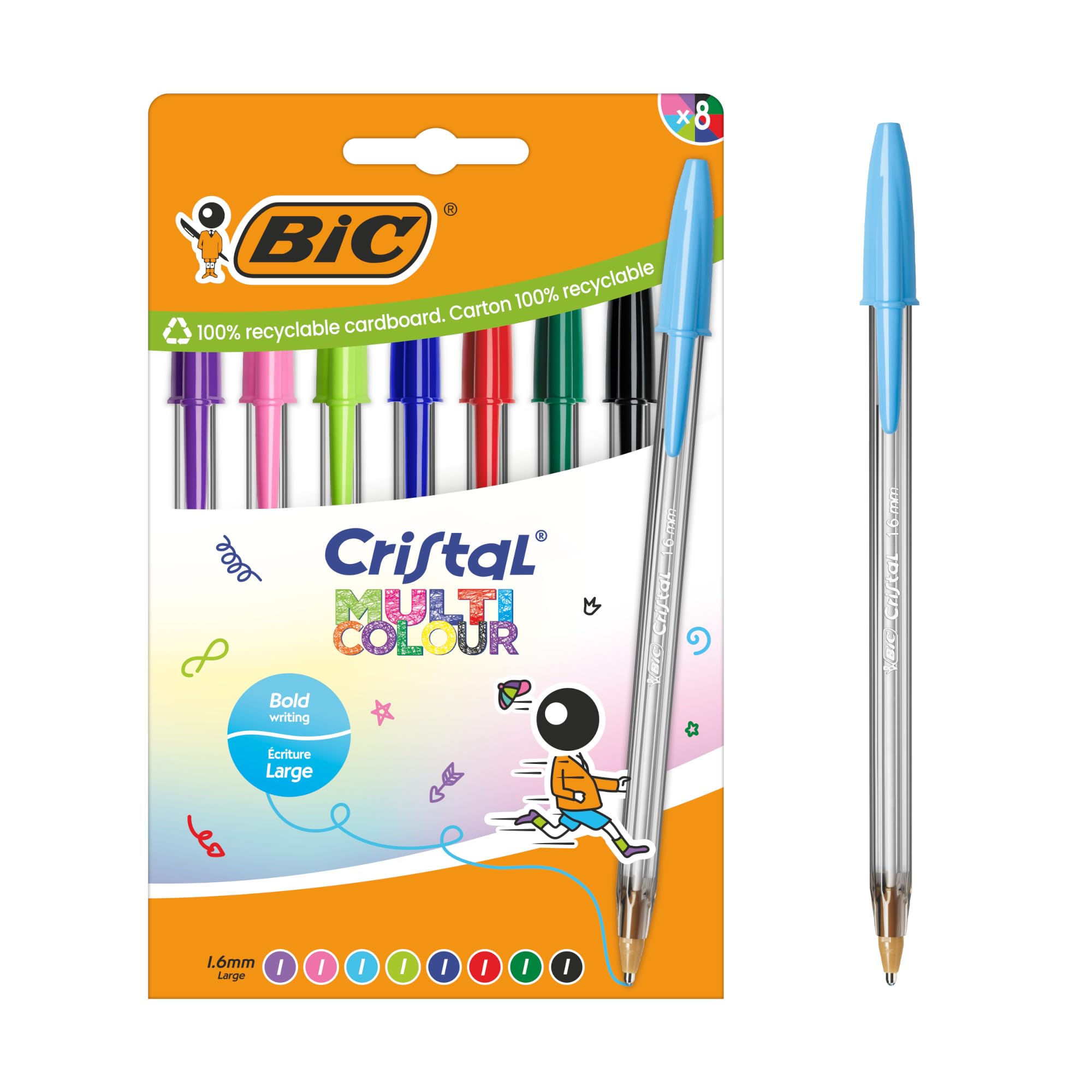 BIC Cristal Multicolour Broad Point Pens (1.6mm) - Classic and Fun Assorted Colors, Pack of 8