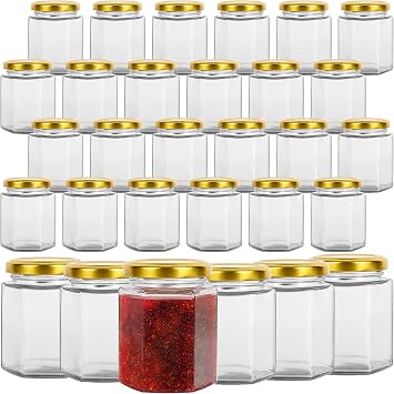 Hexagonal Glass Jam Jars with Gold Lids 6 oz,30 Pack Glass Canning Jars | Food Storage Preserving Jars for Honey,Fruits Salad,Foods,Spices,desserts