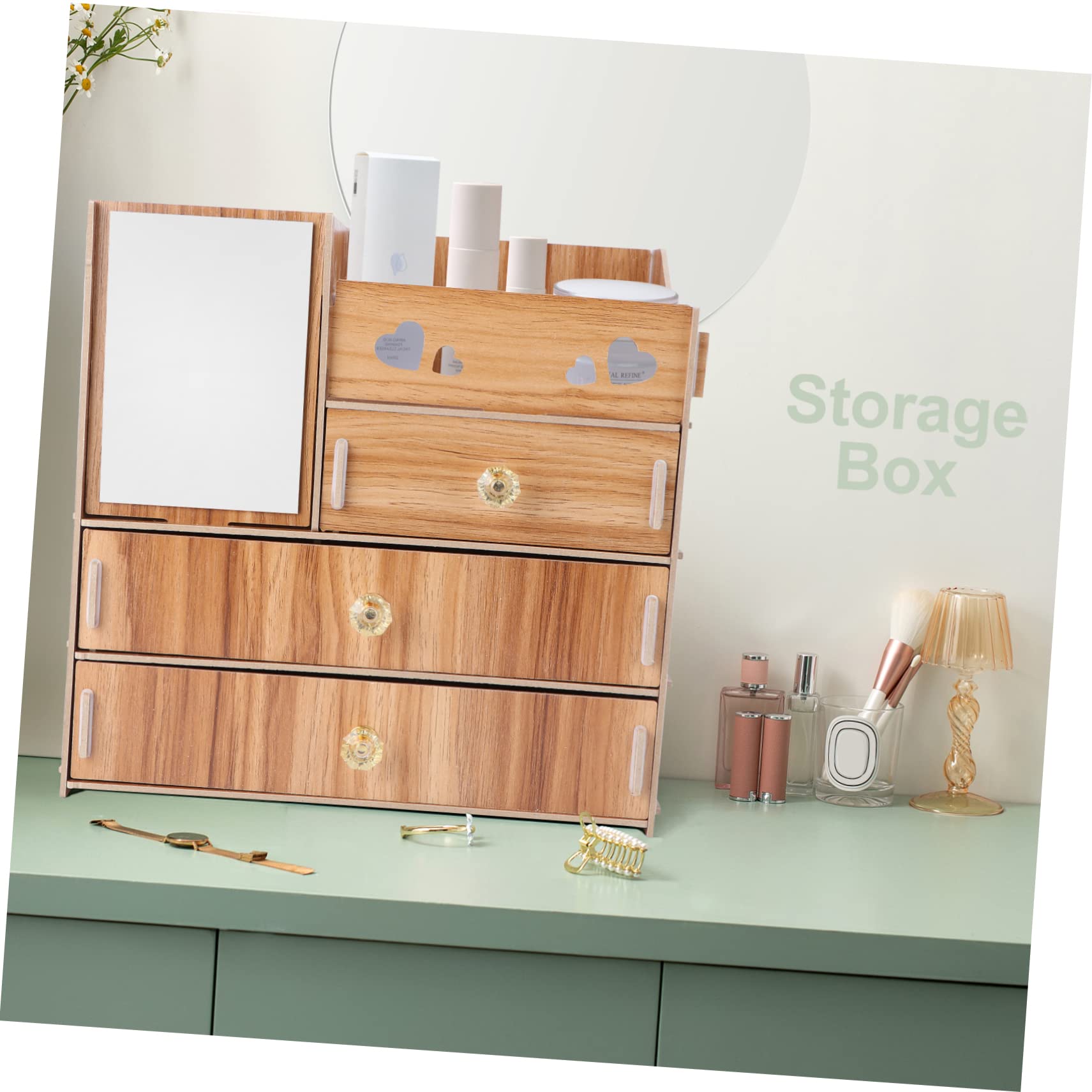 Holz Kosmetikaufbewahrungsbox mit Spiegel und Schublade für Schreibtisch
