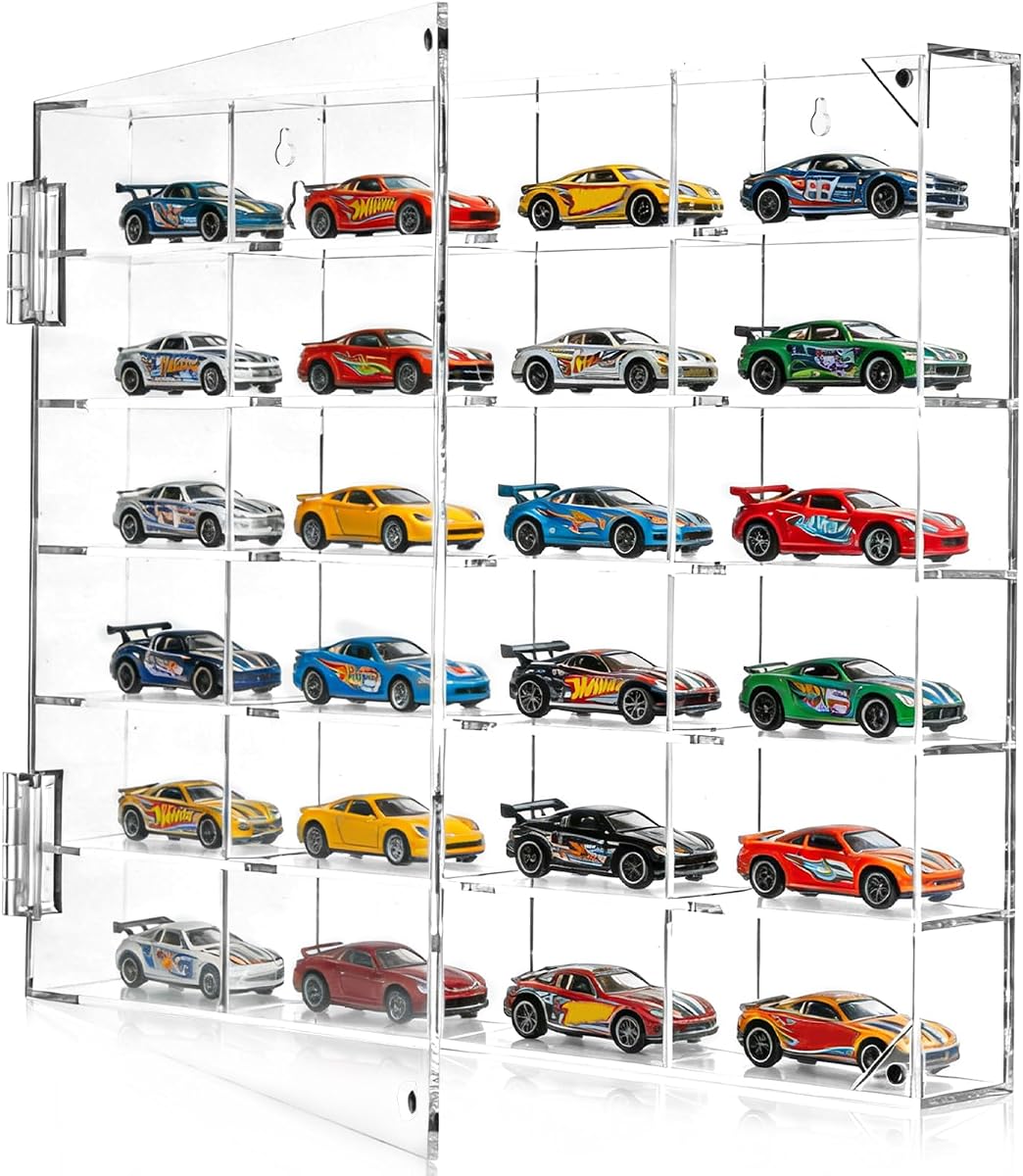 Acrylic Display Case for Hot Wheels 1/64 Scale, 24 Slots Toy Car Display Organizer Wall Mount or Desktop Diecast Model Car Showcase for Matchbox Storage Clear Collectible Model Storage