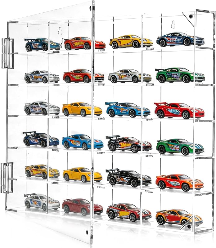 Acrylic Display Case for Hot Wheels 1/64 Scale, 24 Slots Toy Car Display Organizer Wall Mount or Desktop Diecast Model Car Showcase for Matchbox Storage Clear Collectible Model Storage