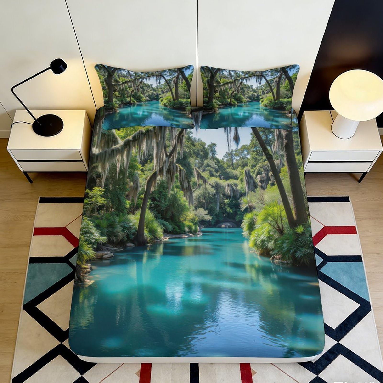 Pnayamiorkfel Style-5 3D Printed Tropical River Fitted Sheet Microfiber Soft Anti-Slip Forest Lake Mattress Cover Bedroom Decor 90X200x25cm