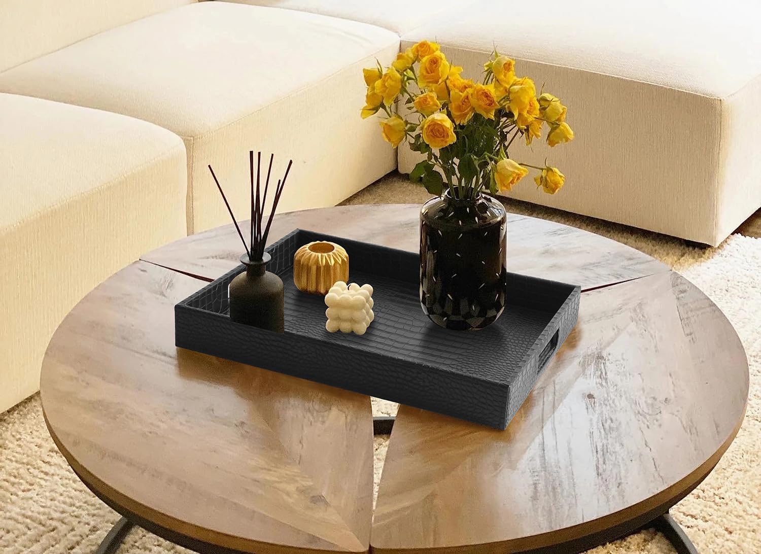HofferRuffer Rectangle Serving Tray with Hole Handles for Coffee Table, Breakfast, Tea, Food, Butler - Countertop, Kitchen, Vanity Serve Tray, 16.2 x 12.2 x 2 inches, Faux Leather (Black Croco) - Image 4