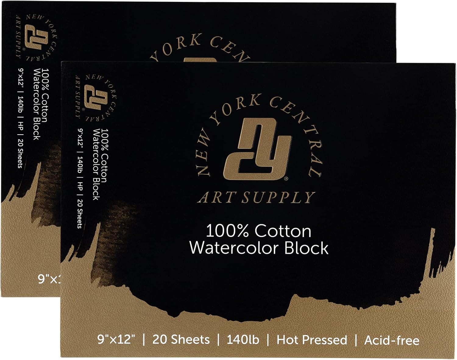 New York Central 100% Cotton Watercolor Paper Blocks 2 Pack 140lb 9x12 - Hot Press Acid-Free Premium Watercolor Paper for Artists, Painting, Water Media, Professionals, & More