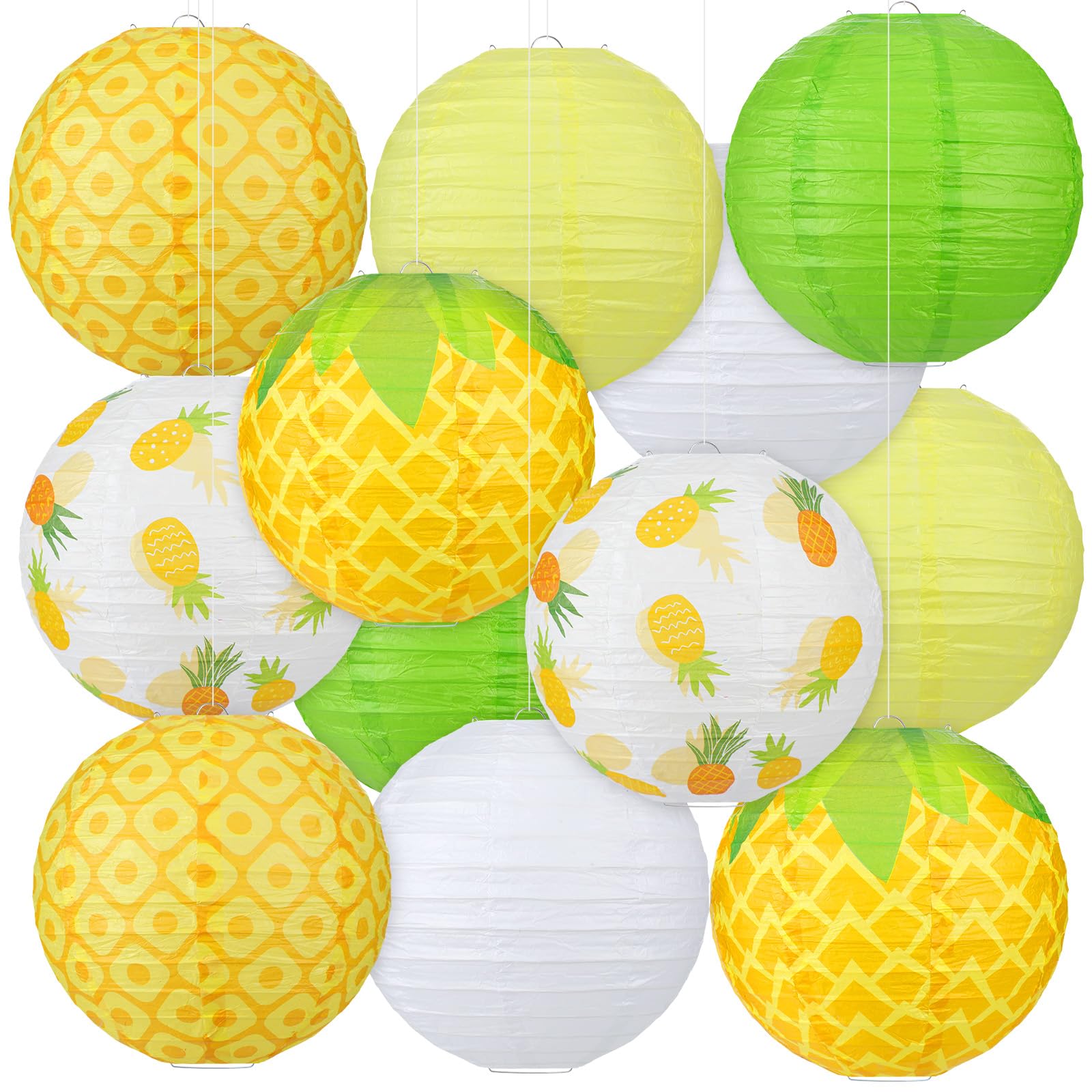 Panelee 12 Pcs Summer Pineapple Party Decorations Hawaiian Party Hanging Supplies 8 Inches Round Paper Lanterns for Tropical Luau Birthday Holiday Bachelorette Decor Supplies