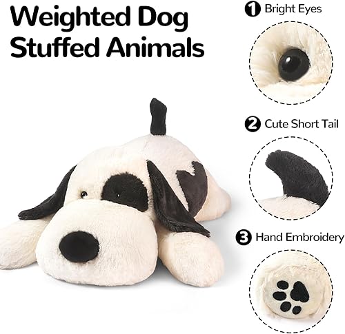 Miniatura 4 de Animales de peluche con peso de perro blanco y negro, 20 pulgadas, 3.5 libras, juguete de almohada de peluche grande y lindo para cachorros, regalos