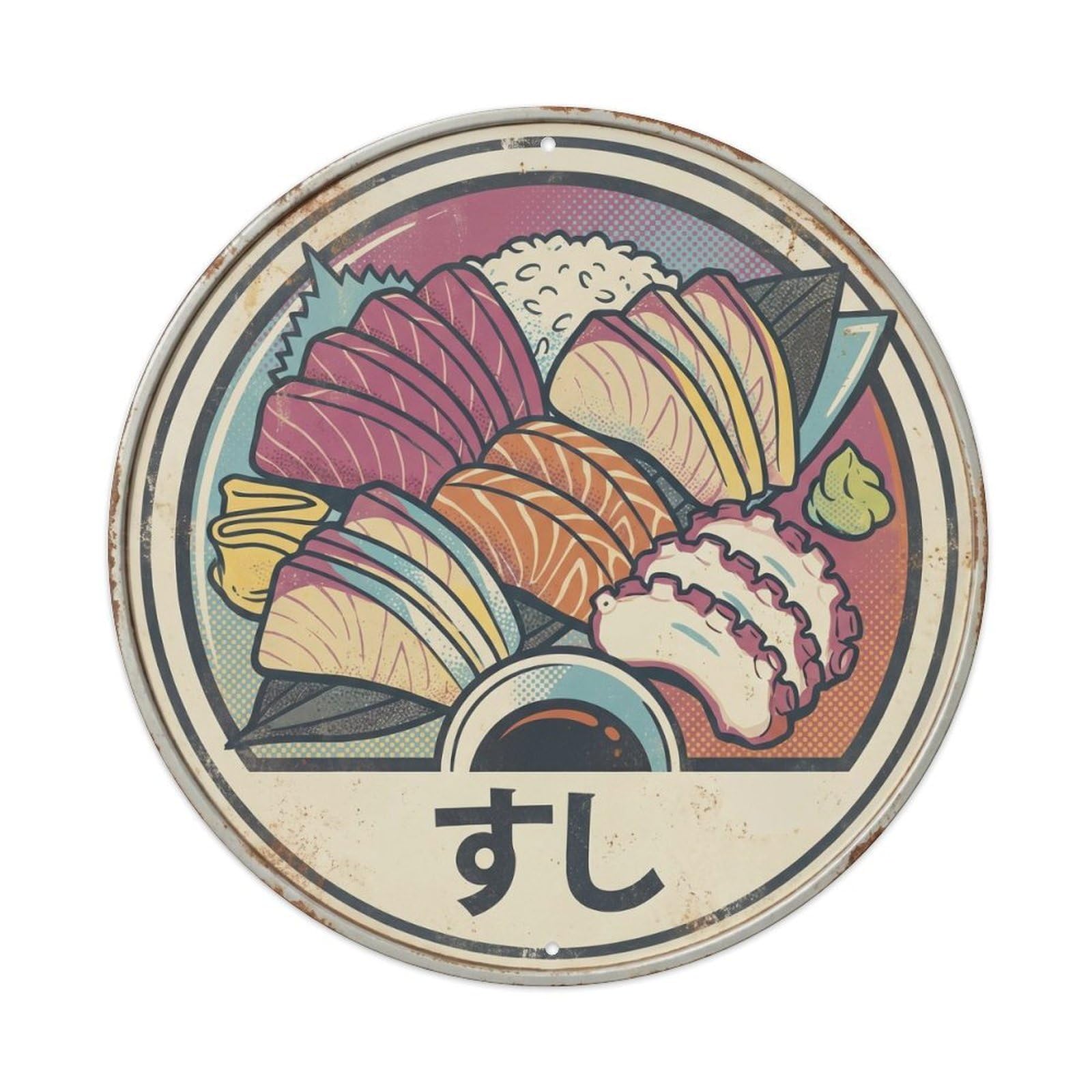 Cxhjca 8X8inch(20X20cm) Japanese Sushi Bar Retro Screenprint Seafood Restaurant Metal Tin Sign
