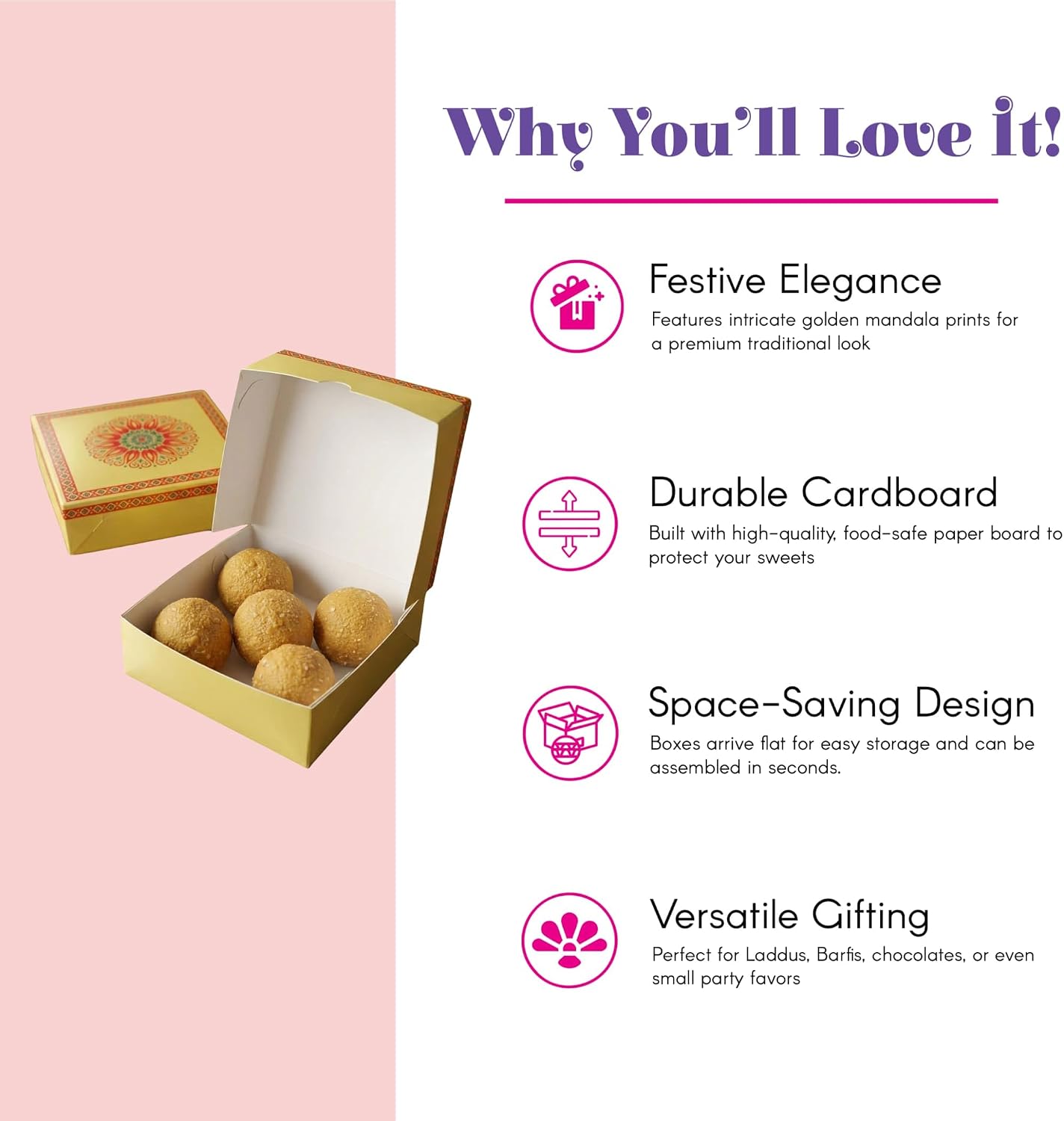 LOVENSPIRE Mandala Design Empty Sweet Boxes for Mithai, Ladoo, Cookies & Dry Fruits Treats – Small Cardboard Containers for Wedding, Pooja, Housewarming, & Indian Return Gift Packaging 250g (10 Pcs)