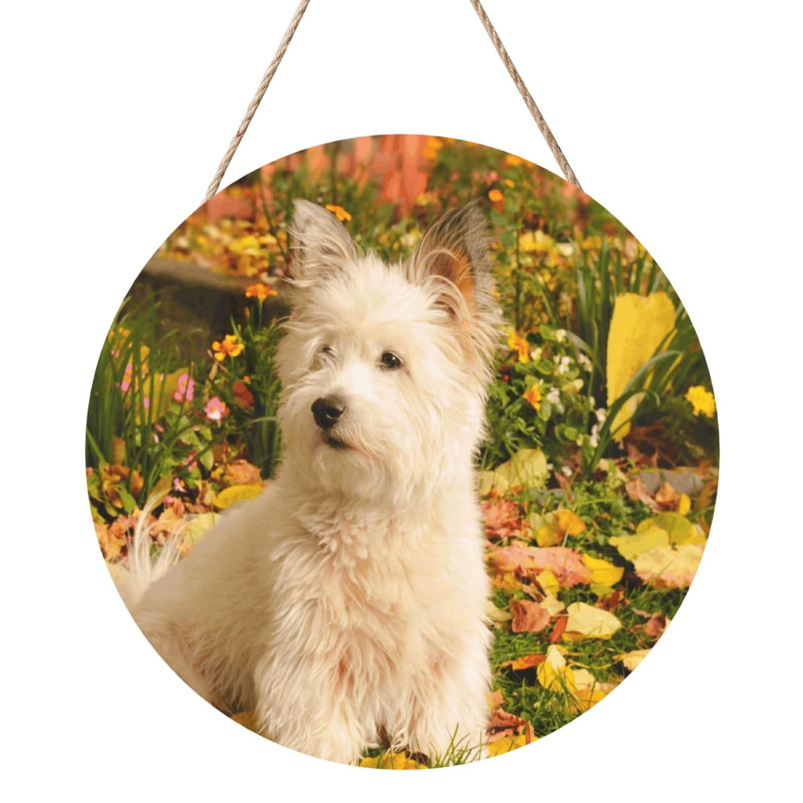 InOmak Westie Autumn West Highland White Terrier Dogs, Round Wood Panel Painting 12 in, Wall Hanging Painting For Home