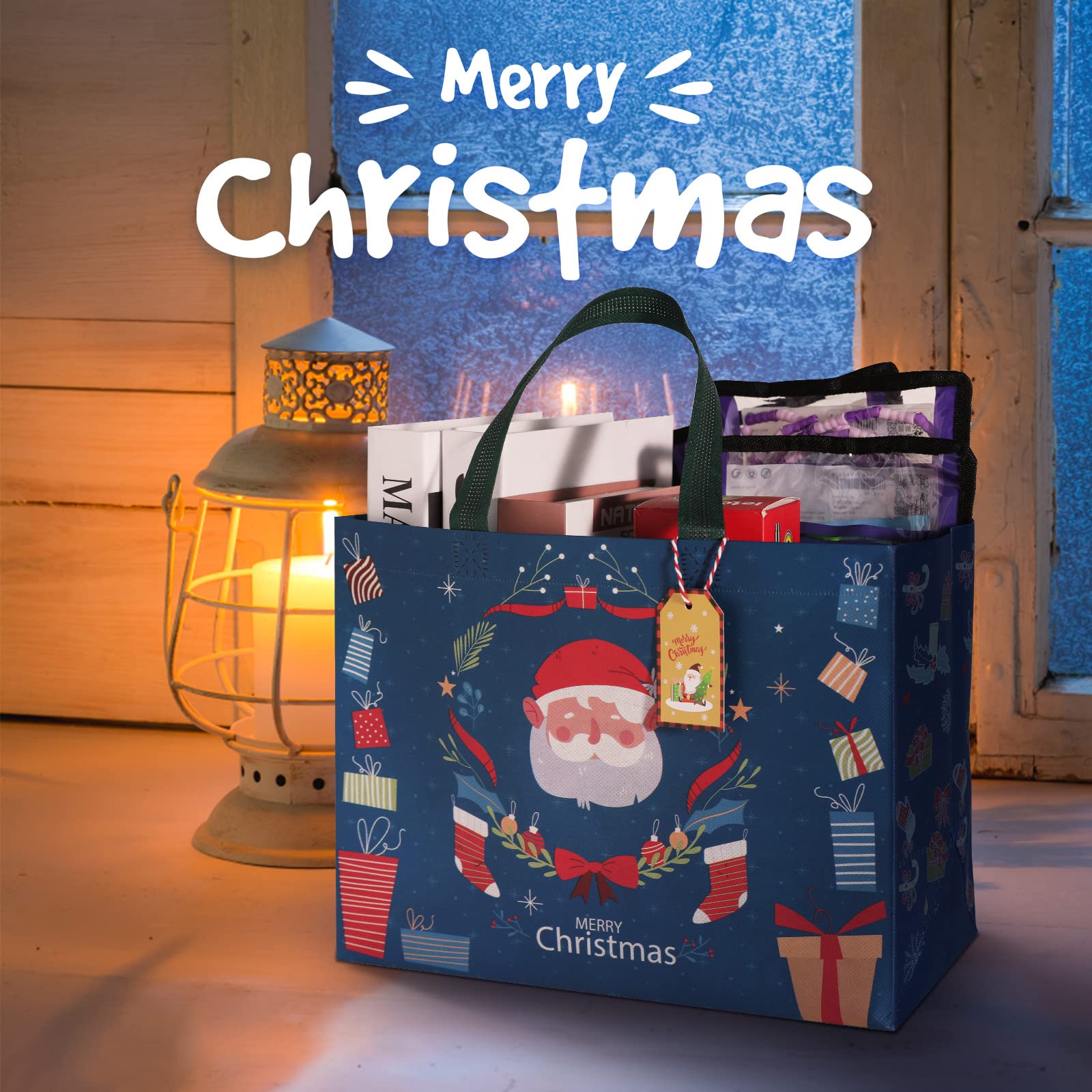 Paquete de 16 bolsas de regalo de Navidad con etiquetas de regalo, tamaño mediano de 12.8 x 9.8 x 6.7 pulgadas con asa, bolsas reutilizables para envolver regalos de Navidad, regalos, compras, fiestas