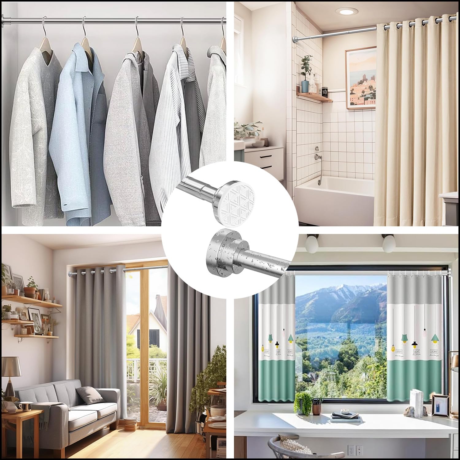 Barre Rideau Douche Sans Percage Extensible 48-200cm Inoxydable 304 Argenté Antidérapant