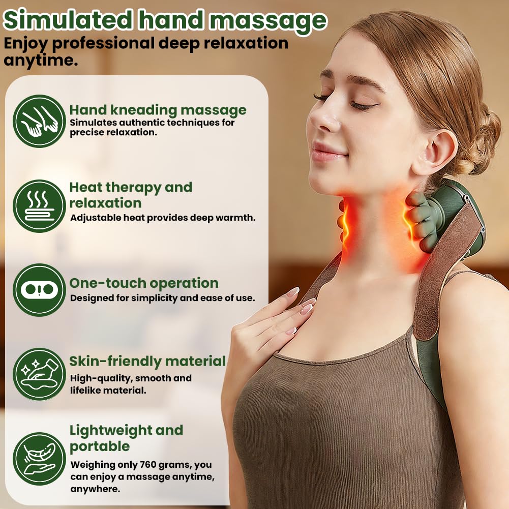Masajeador de cuello y hombros, masajeador de manos reales 4D, masaje de espalda Shiatsu portátil, 3 niveles de masaje y 2 niveles de calefacción, masaje profundo para cuello, hombros, dolor de