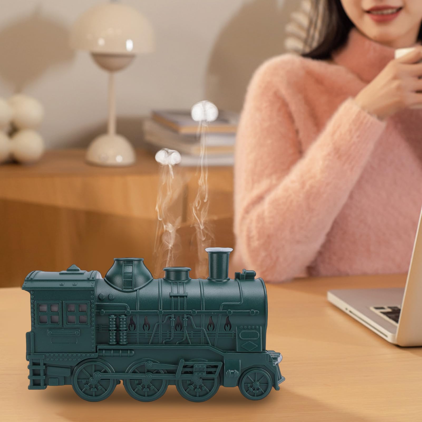 ASHATA Umidificatore a forma di treno con luce notturna, diffusore di oli essenziali, umidificatore a nebbia fredda, doppia modalità di spruzzo, con luce blu calda e fredda, per rilassarsi