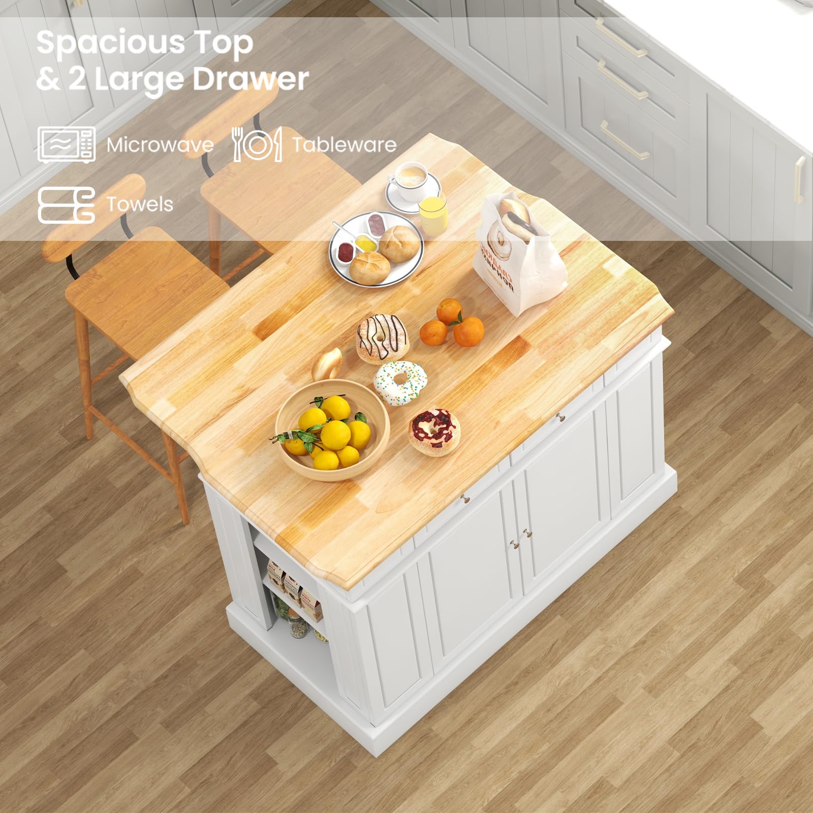 KOMFOTTEU Îlot Central Mobile avec Plan de Travail en Bois Massif, Desserte de Cuisine avec 2 Tiroirs & Étagères latérales à 3 Niveaux, Desserte de Service, 120 x 61 x 92 cm (Blanc)