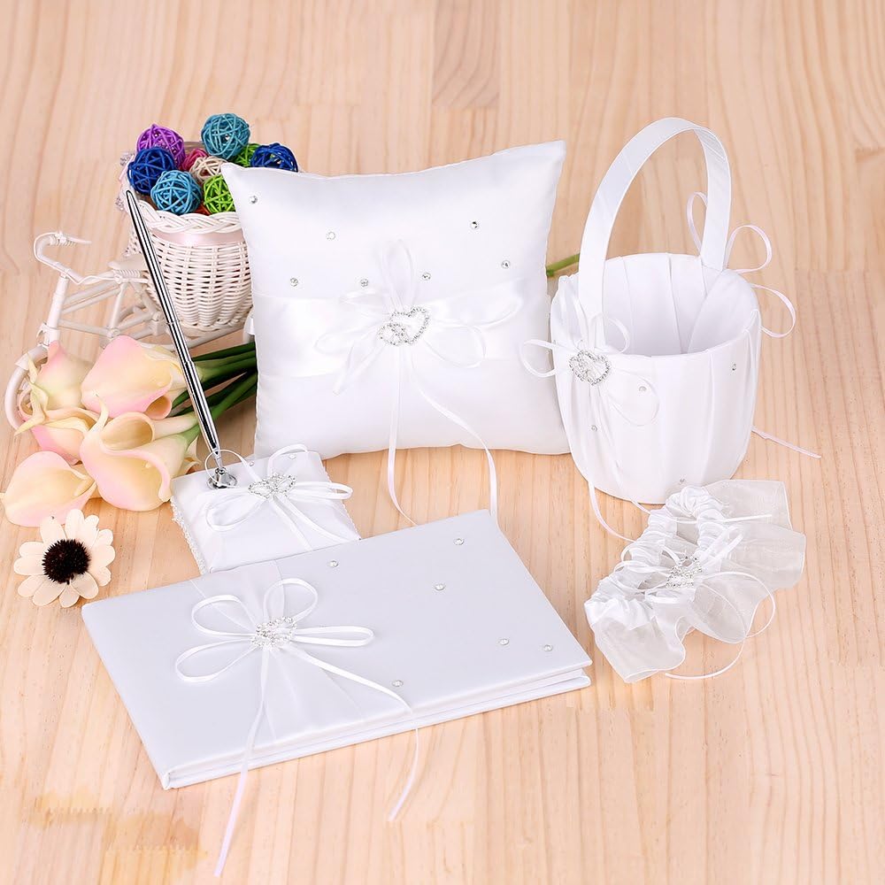 Elegant 5-Piece Wedding Supplies Set - Double Heart Satin Flower Girl Basket, 7-Inch Ring Bearer Pillow, Guest Book with Pen Holder, and Bride Garter (White)