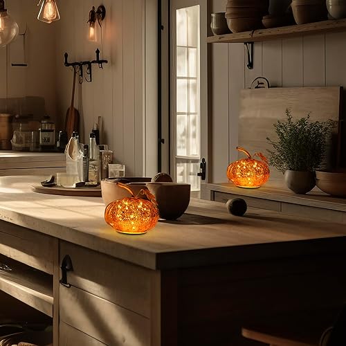 Miniatura 2 de Paquete de 2 lámparas de mesa de calabaza, luz nocturna de cristal, con pilas, inalámbricas, lindas lámparas de escritorio para decoración del