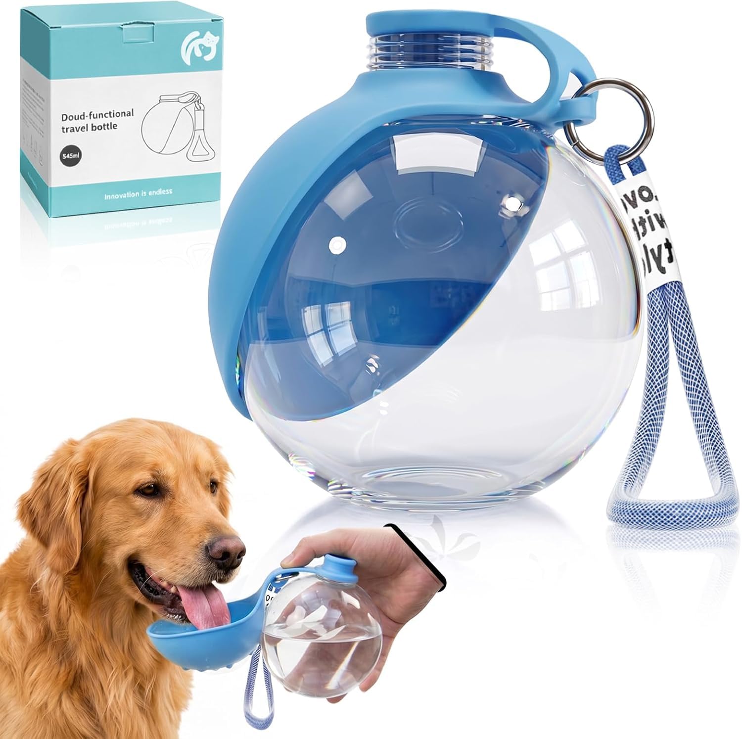 2 in 1 Dog Water Bottle for Walking, 610ml Portable Pet Travel Water Bottle with Foldable Bowl, Leakproof Design for Hiking & Outdoor Use (Blue)