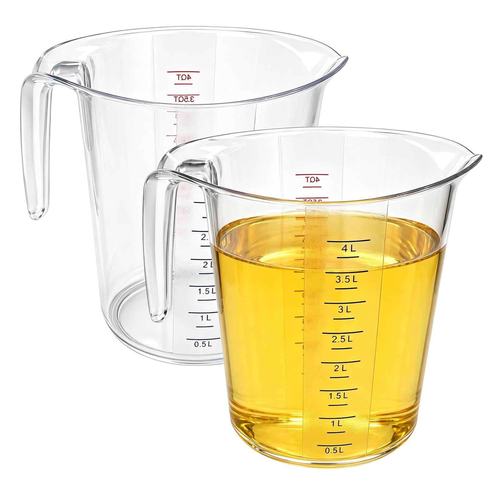 2 Stk. Große Kunststoff-Messbecher, 4-Quart-Flüssigkeitsmessbecher mit klarer Skala und Griff, transparent, stapelbar, für Küche, Backen, Gastronomie, Mixen und Getränkezubereitung