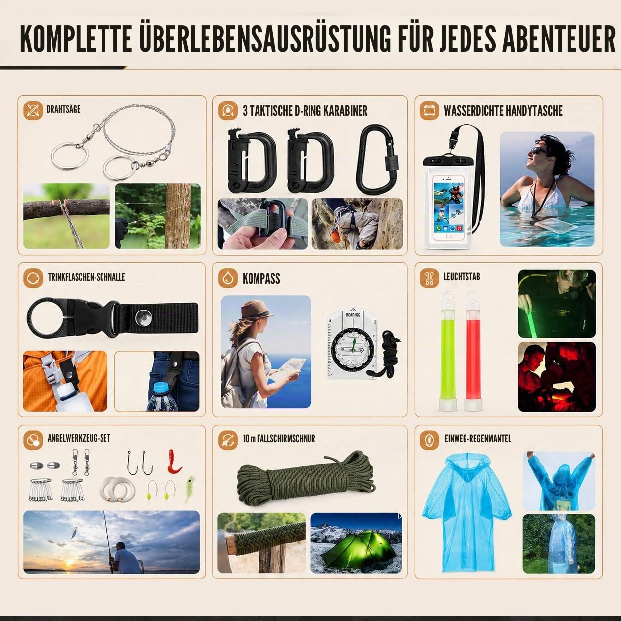 Überlebens-Set, 250 Teile, Erste-Hilfe-Set, Überlebensausrüstung mit Tasche, kompatibel mit Federsystem und Notfallzelt, Notfall-Set für Erde, Abenteuer