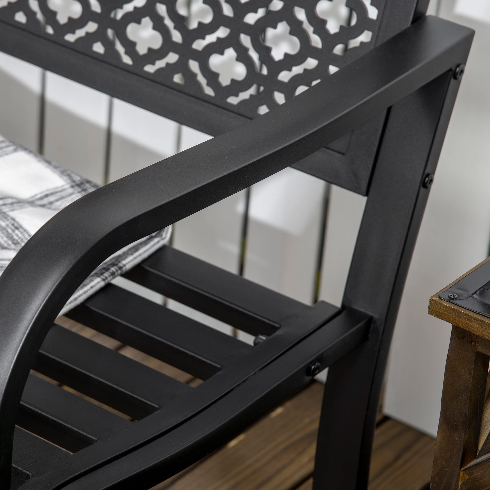 Outsunny Banco de Jardín de Acero Banco Exterior 127x63x83 cm Negro | 2 Plazas, Respaldo Decorativo Estampado, Terraza Balcón Patio, Carga 240 kg